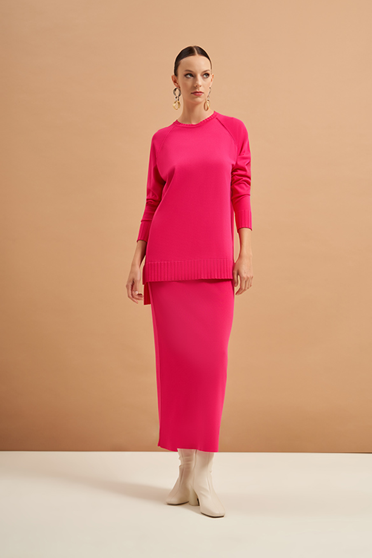 Nuss Merserize Tunik Detaylı Triko Etekli Takım NS-23K-600TKM Fuşya