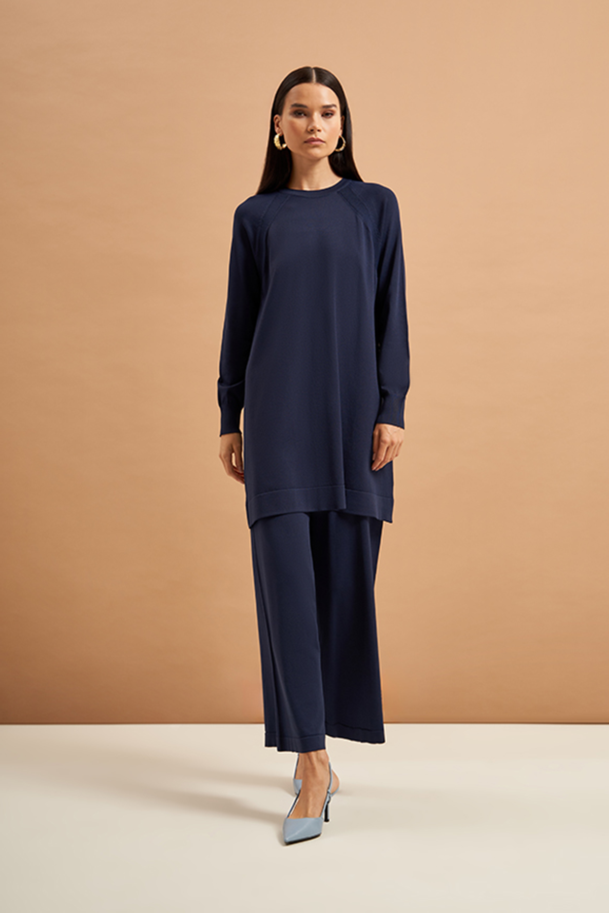 Nuss Merserize Tunik Detaylı Triko  Pantolonlu Takım NS-23K-601TKM Lacivert
