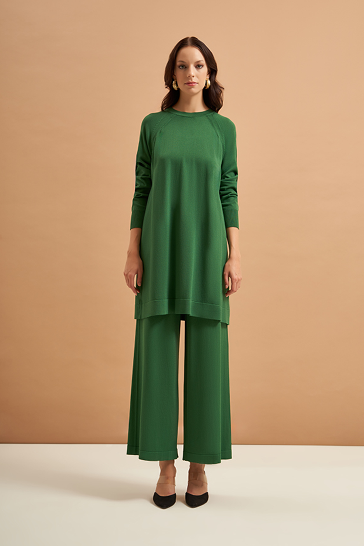 Nuss Merserize Tunik Detaylı Triko  Pantolonlu Takım NS-23K-601TKM Zümrüt