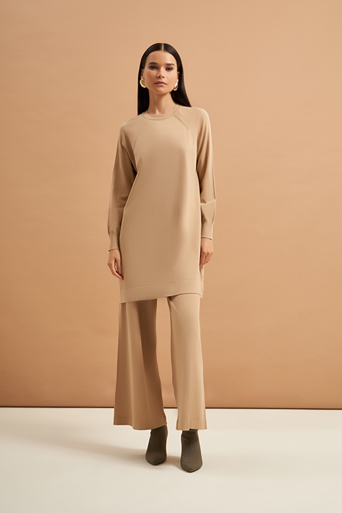 Nuss Merserize Tunik Detaylı Triko  Pantolonlu Takım NS-23K-601TKM Bej