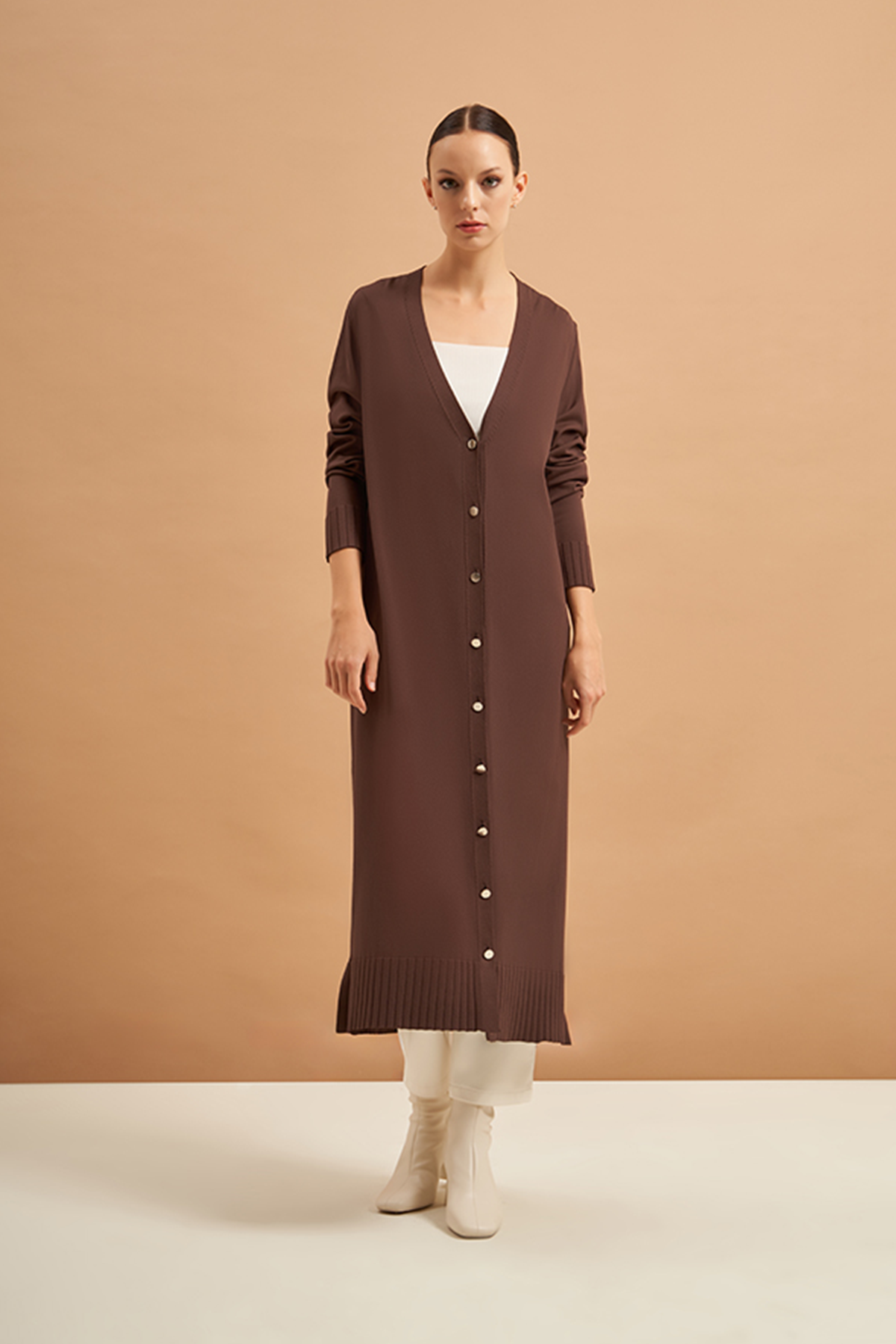 Nuss Merserize Uzun Triko Hırka 707 Kahve