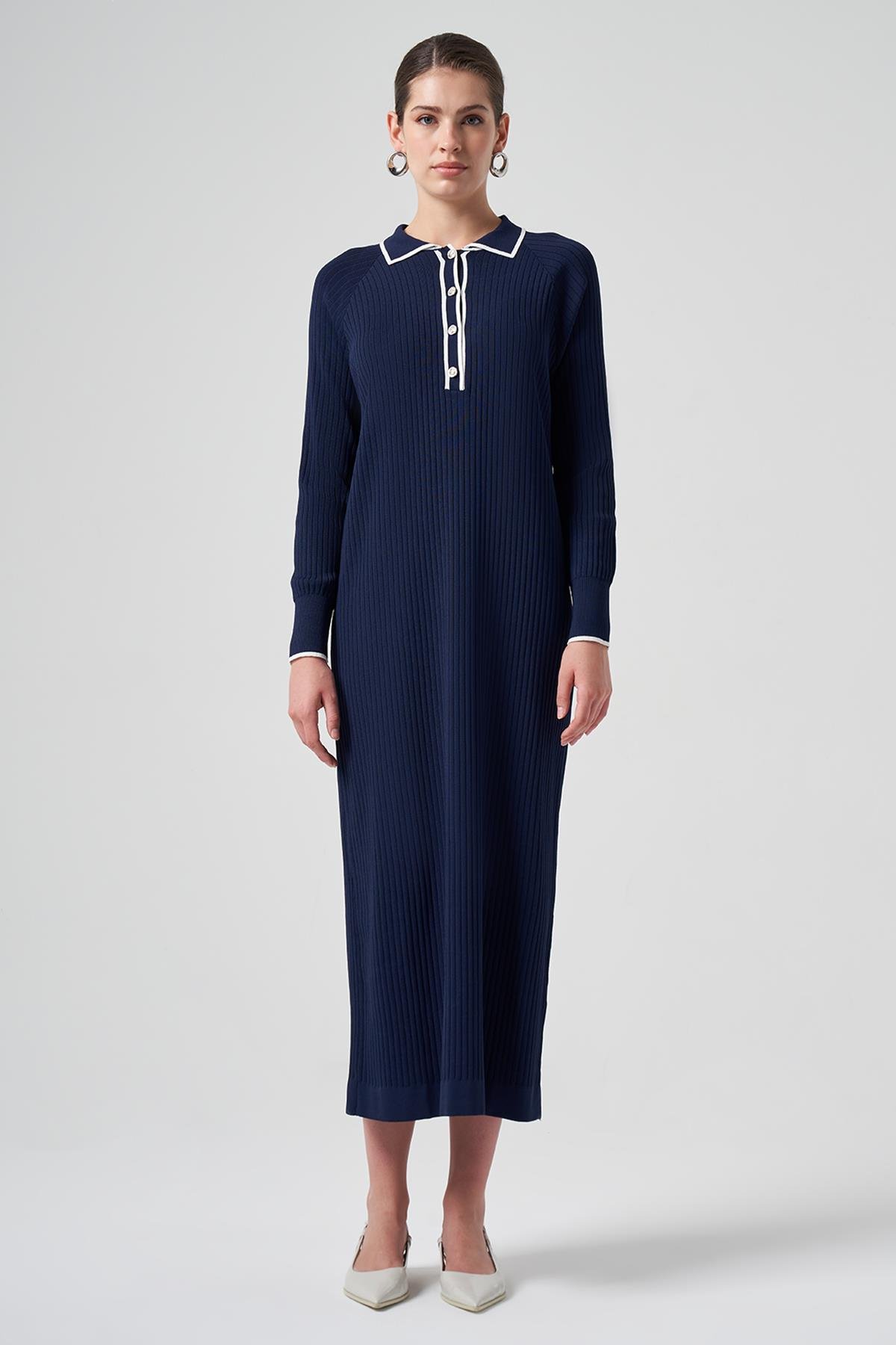 Nuss Merserize Yaka Detay Elbise 1410 Lacivert