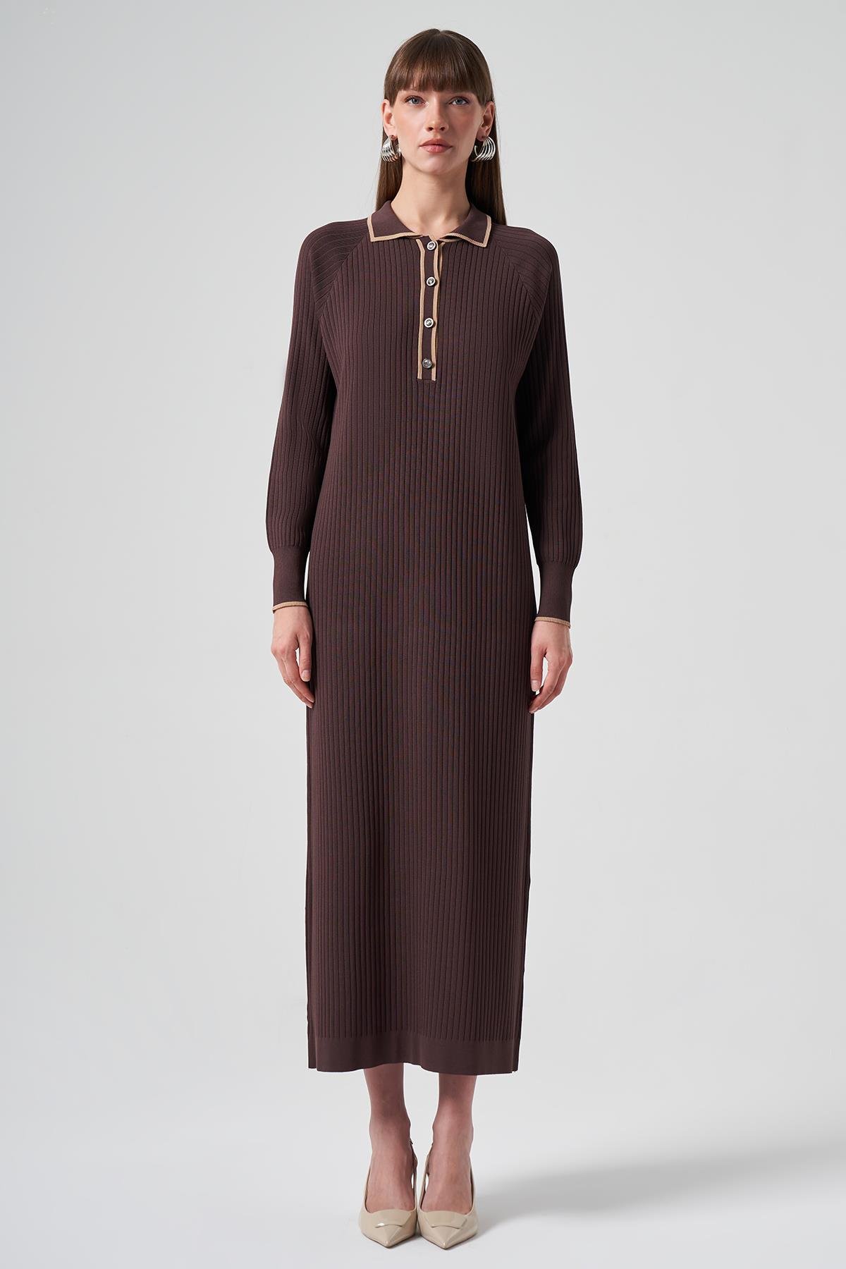 Nuss Merserize Yaka Detay Elbise 1410 Kahve