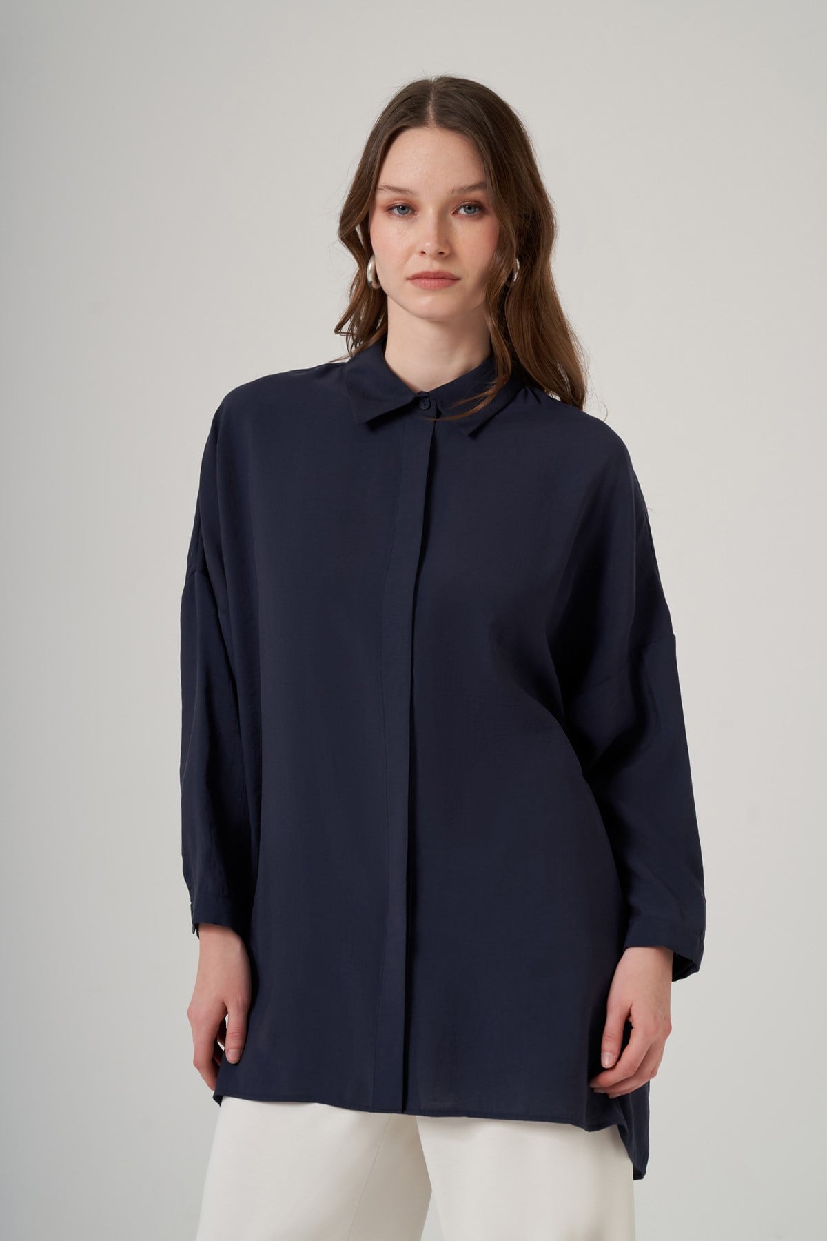 Nuss Oversize Basic Yazlık Gömlek 3001 Navy Lacivert