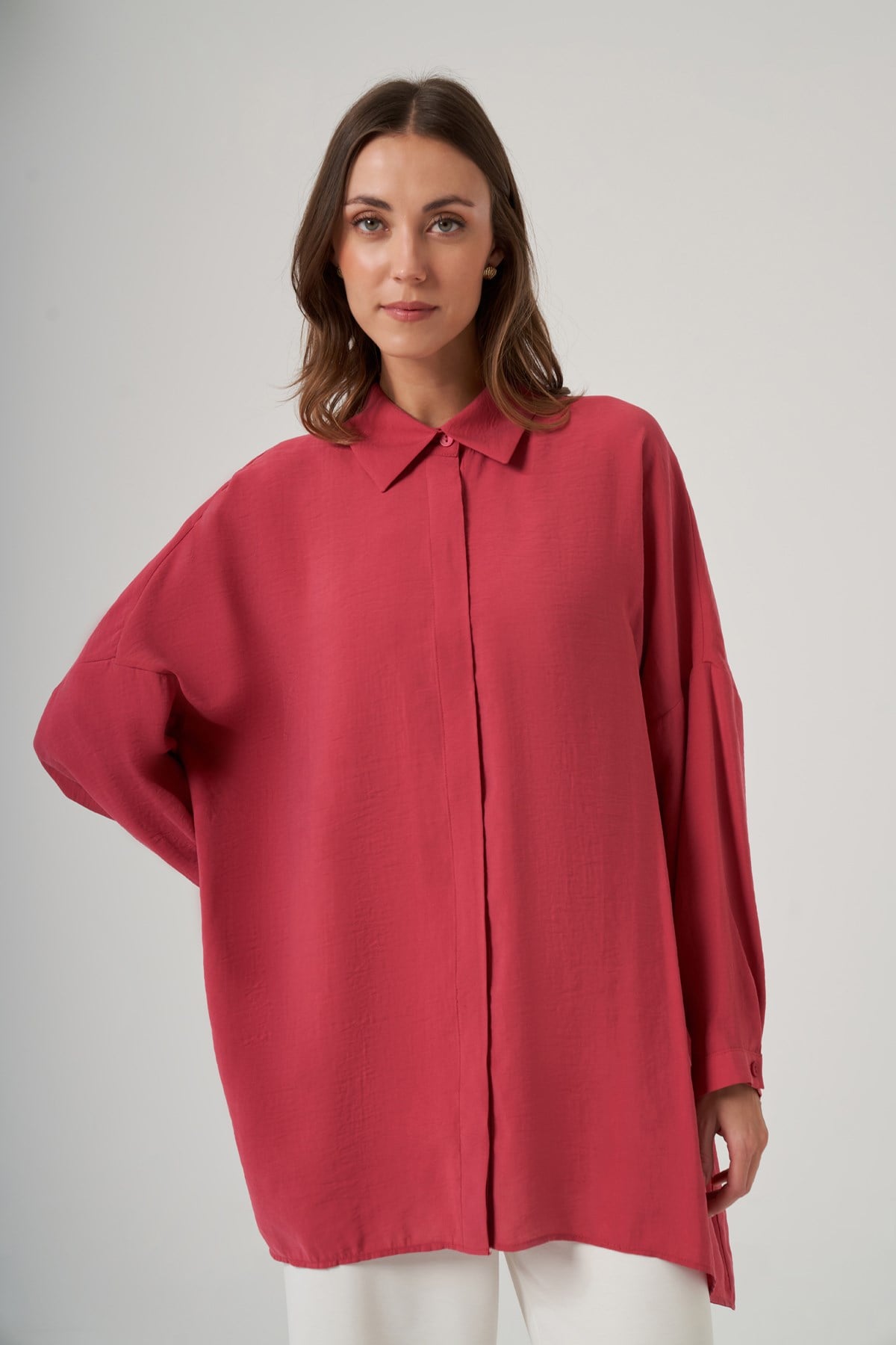 Nuss Oversize Basic Yazlık Gömlek 3001 Red Plum