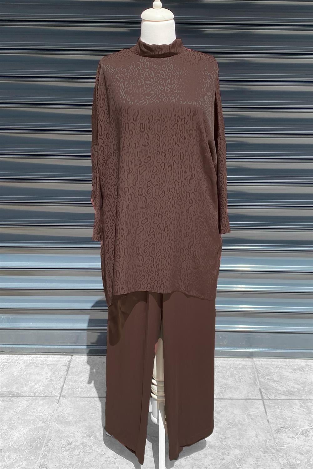Nuss Pantolonlu Leopar Detaylı Takım 5005 Kahverengi