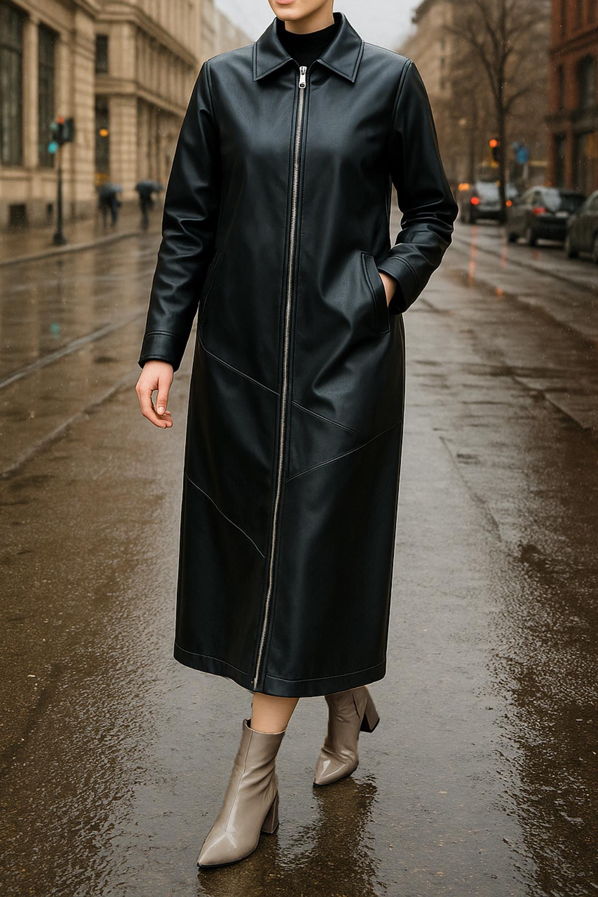 Nuss Tam Boy Kap Uzun Fermuarlı Deri Ceket 6015 Siyah