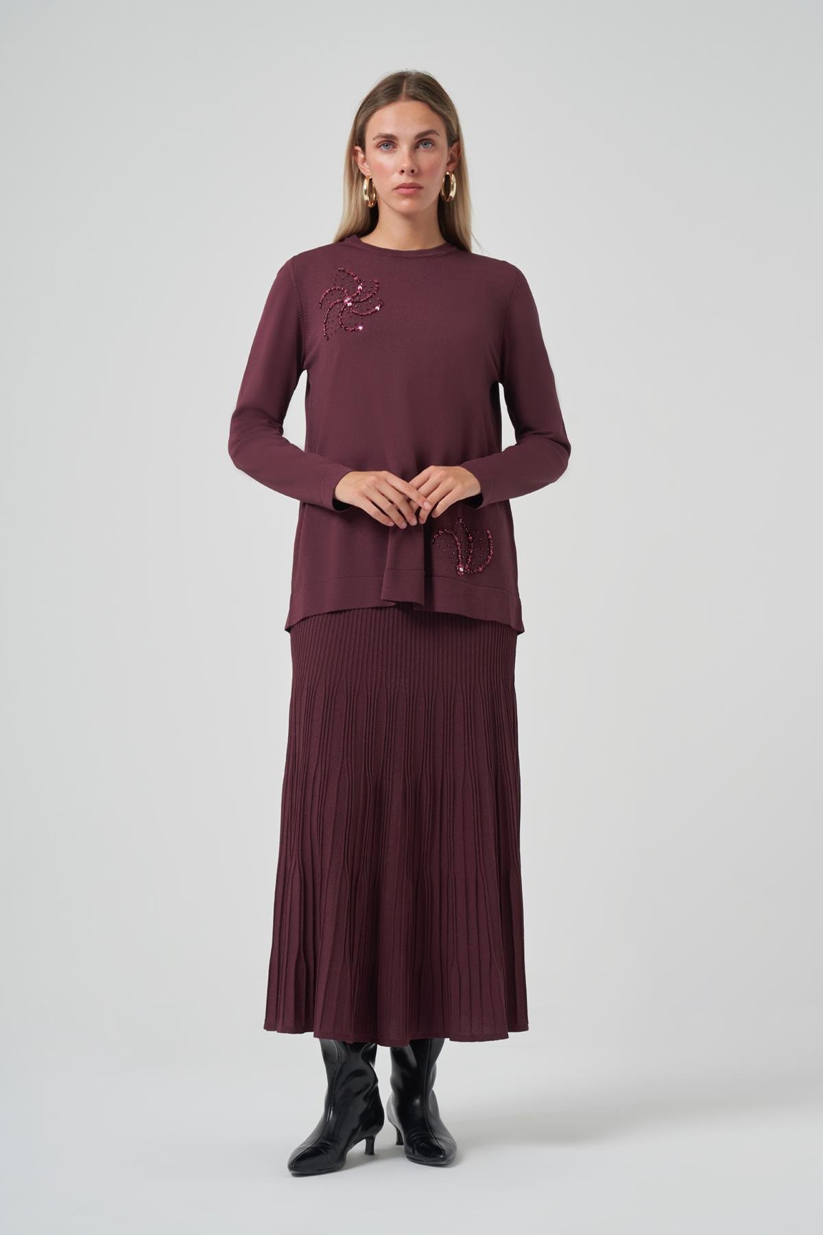 Nuss Taş Detay Etekli Triko Takım 1352 Vişne