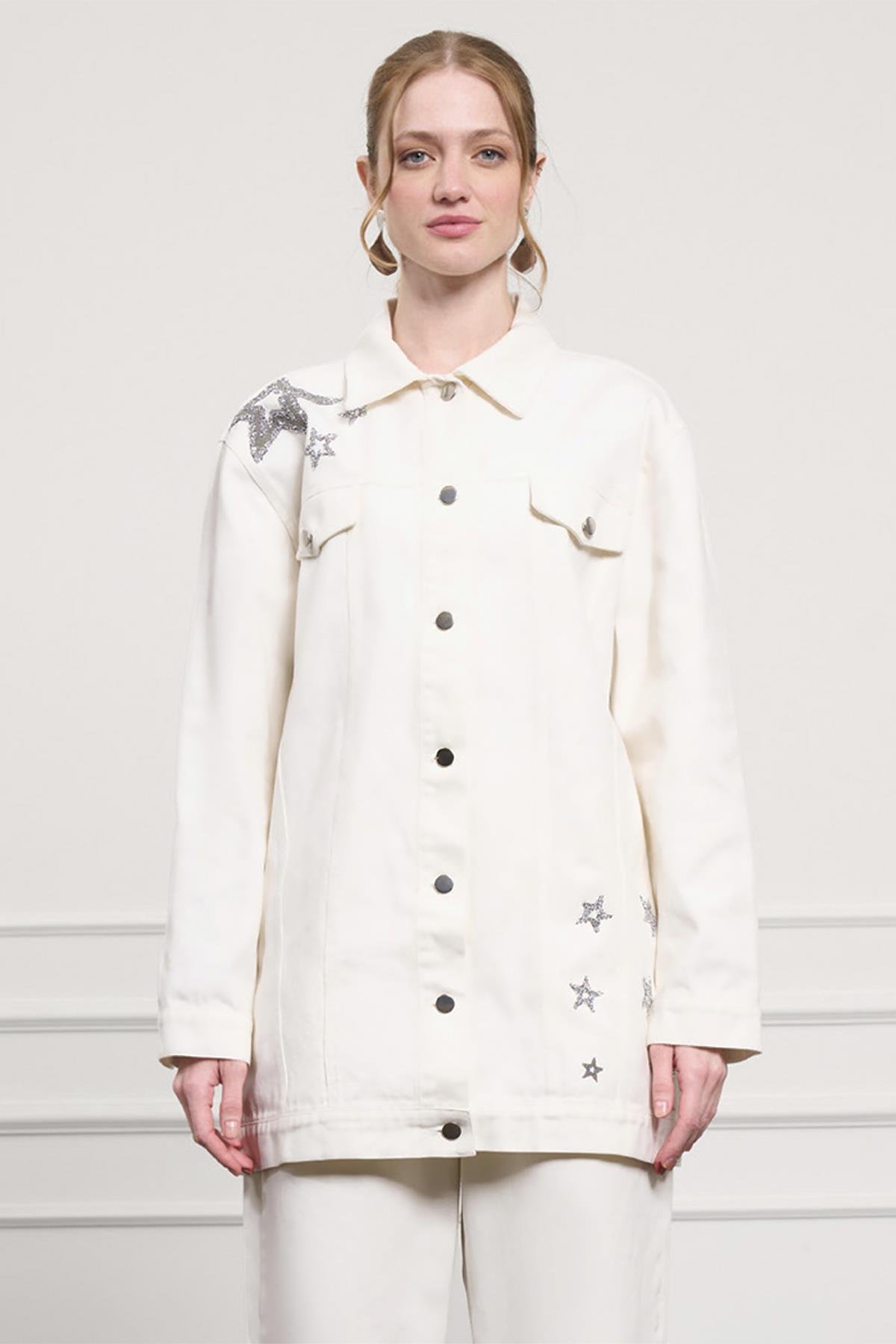 Nuss Taş Detay Kot Ceket 4042 Ekru