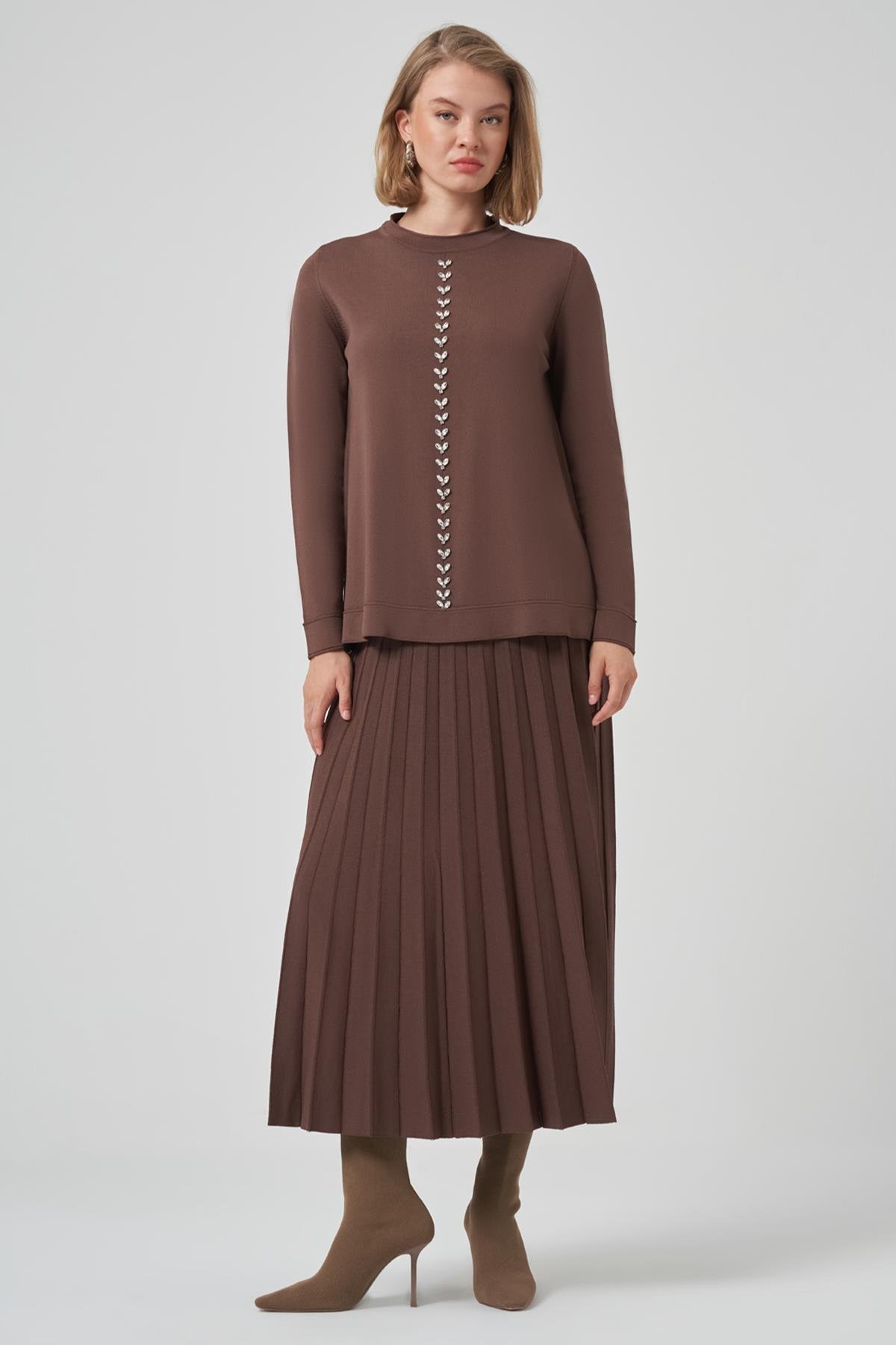 Nuss Taş İşleme Detay Triko Takım 1351 Kahverengi