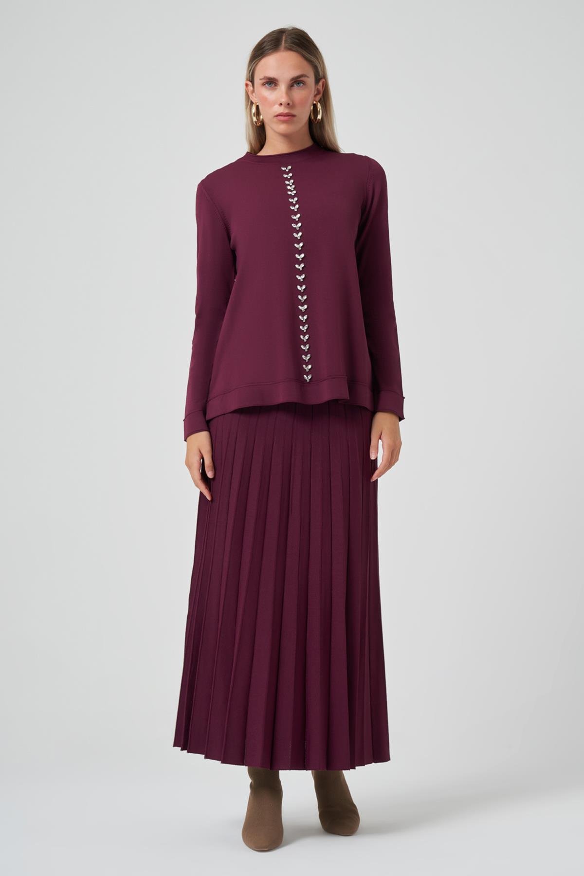 Nuss Taş İşleme Detay Triko Takım 1351 Bordo