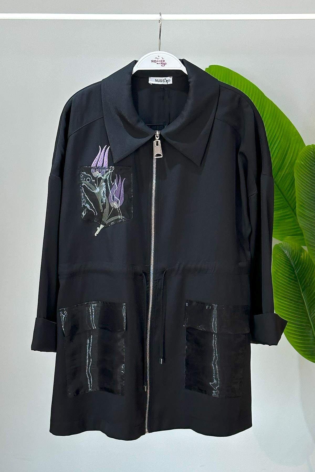 Nuss Tül Detaylı Nakış İşlemeli Kap Ceket 6005 Siyah