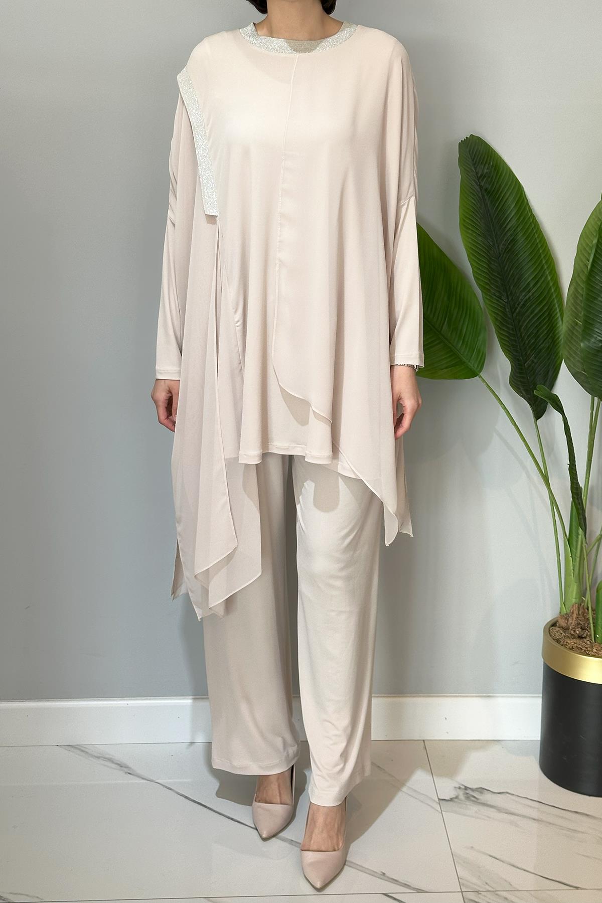 Nuss Tül Detaylı Pantolonlu Takım 3002 Bej