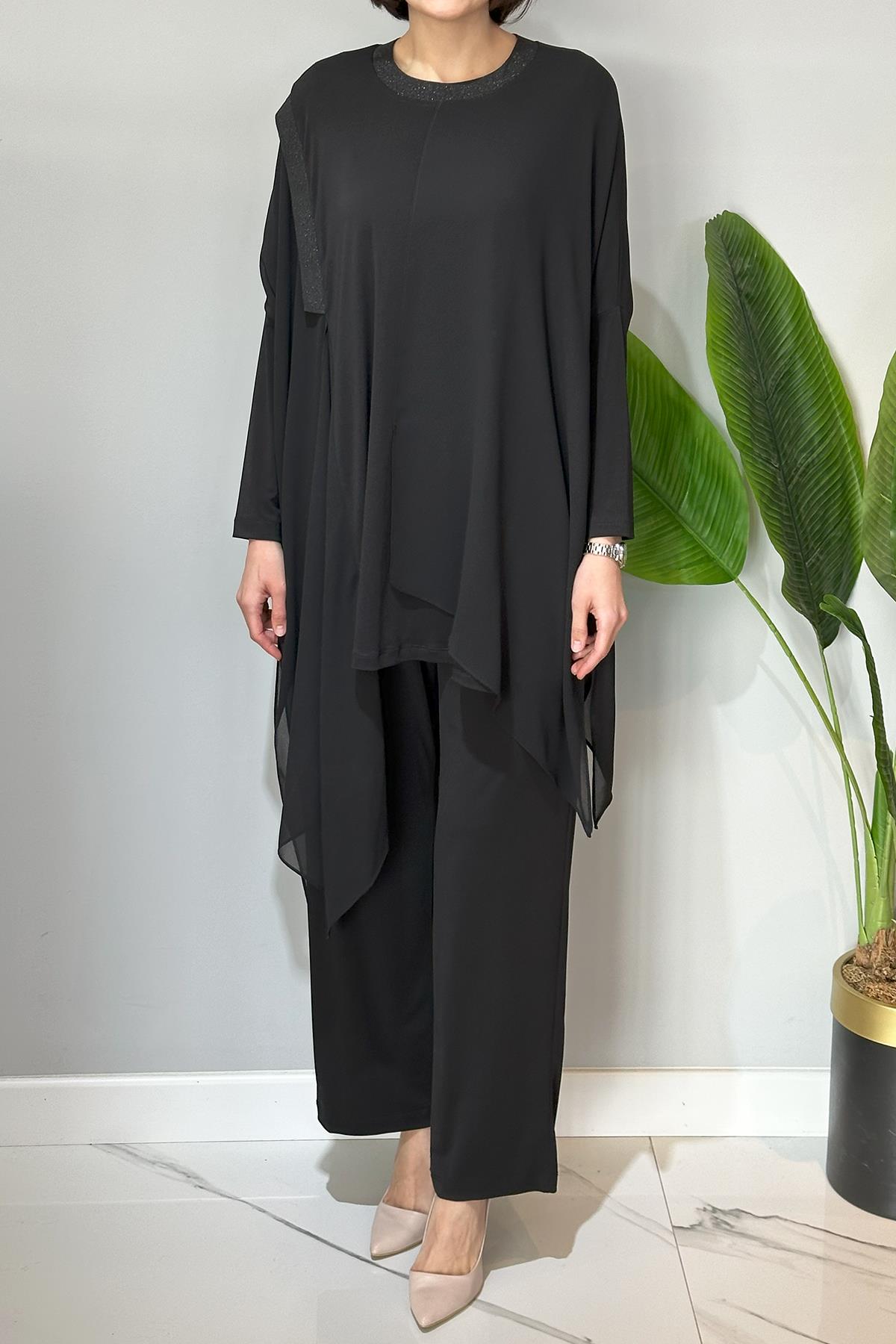 Nuss Tül Detaylı Pantolonlu Takım 3002 Siyah