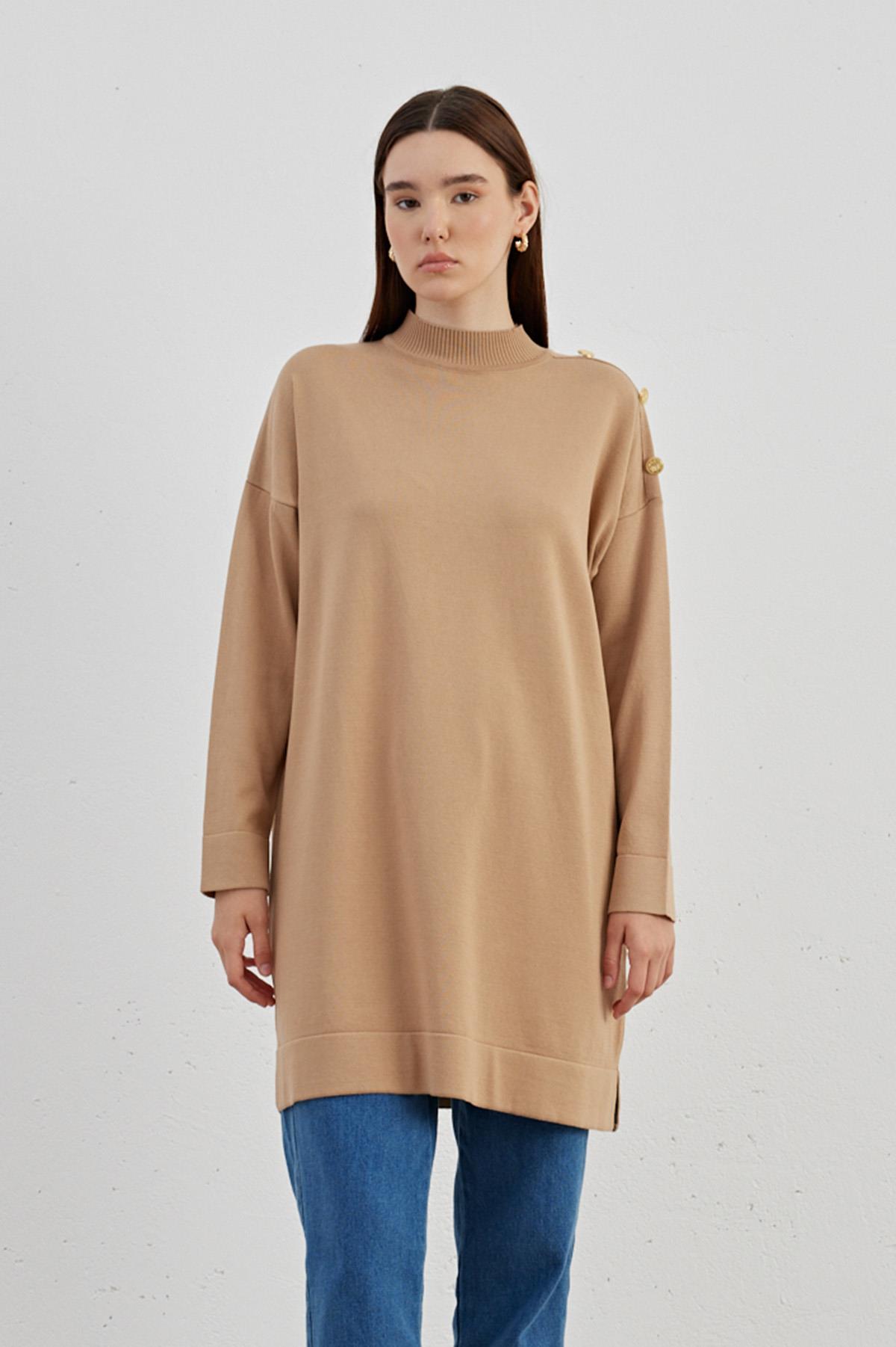 Omzu Düğmeli Triko Tunik 704 Camel
