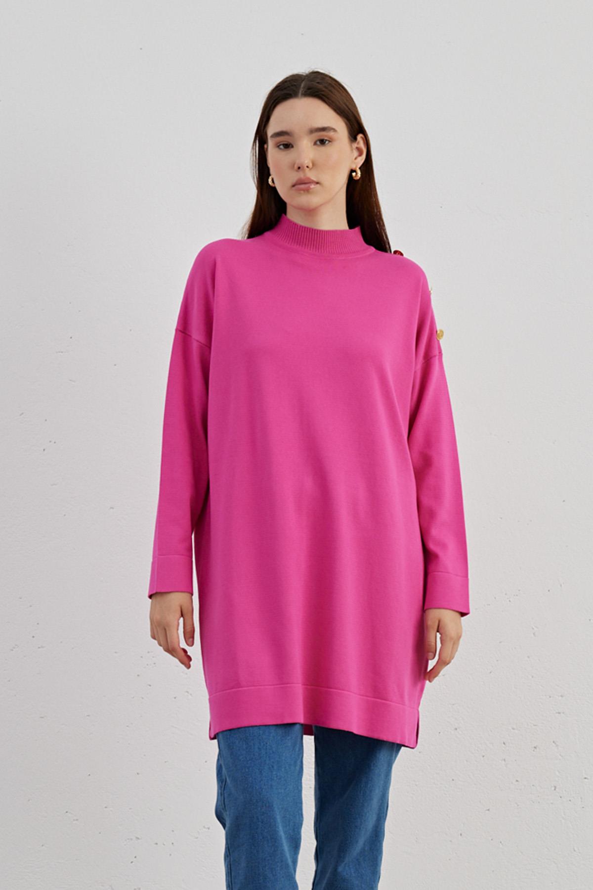Omzu Düğmeli Triko Tunik 704 Fuşya