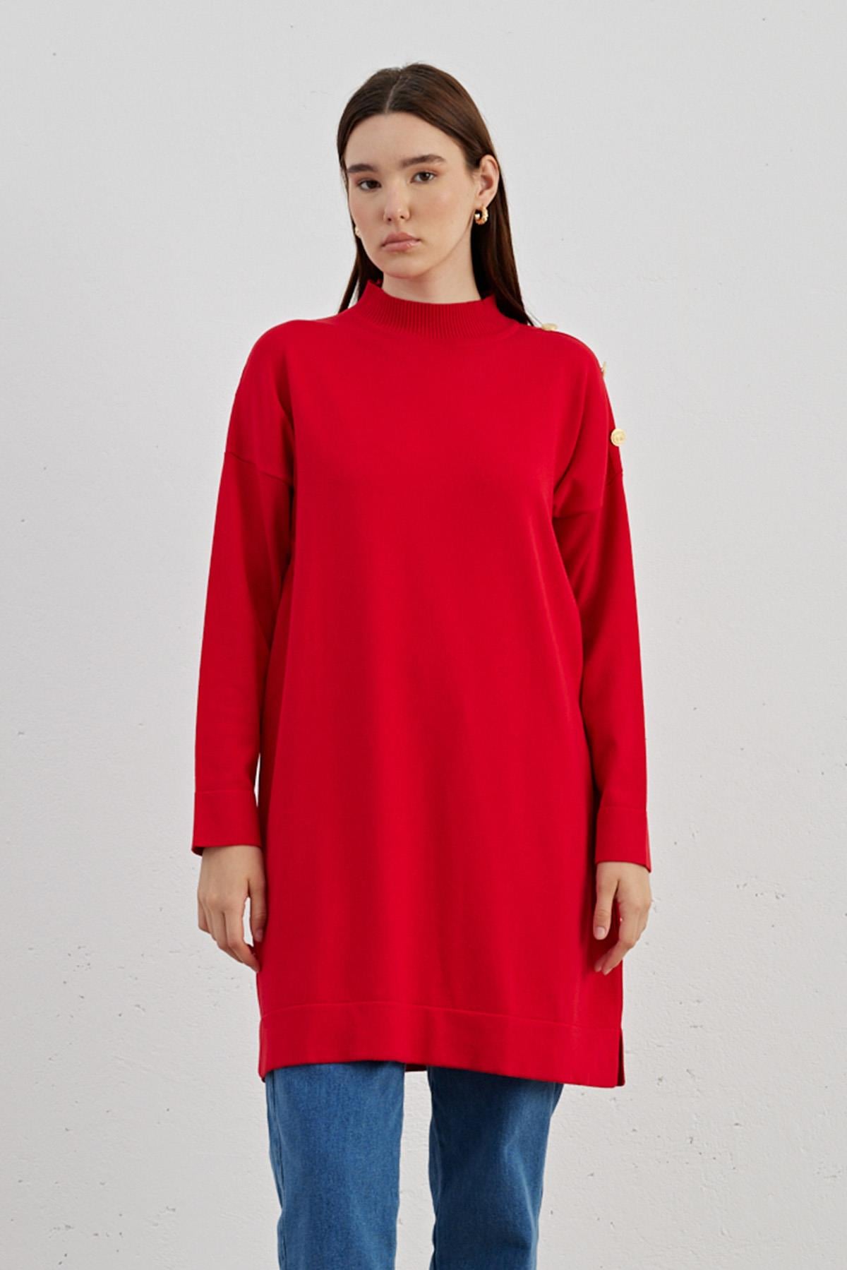 Omzu Düğmeli Triko Tunik 704 Kırmızı