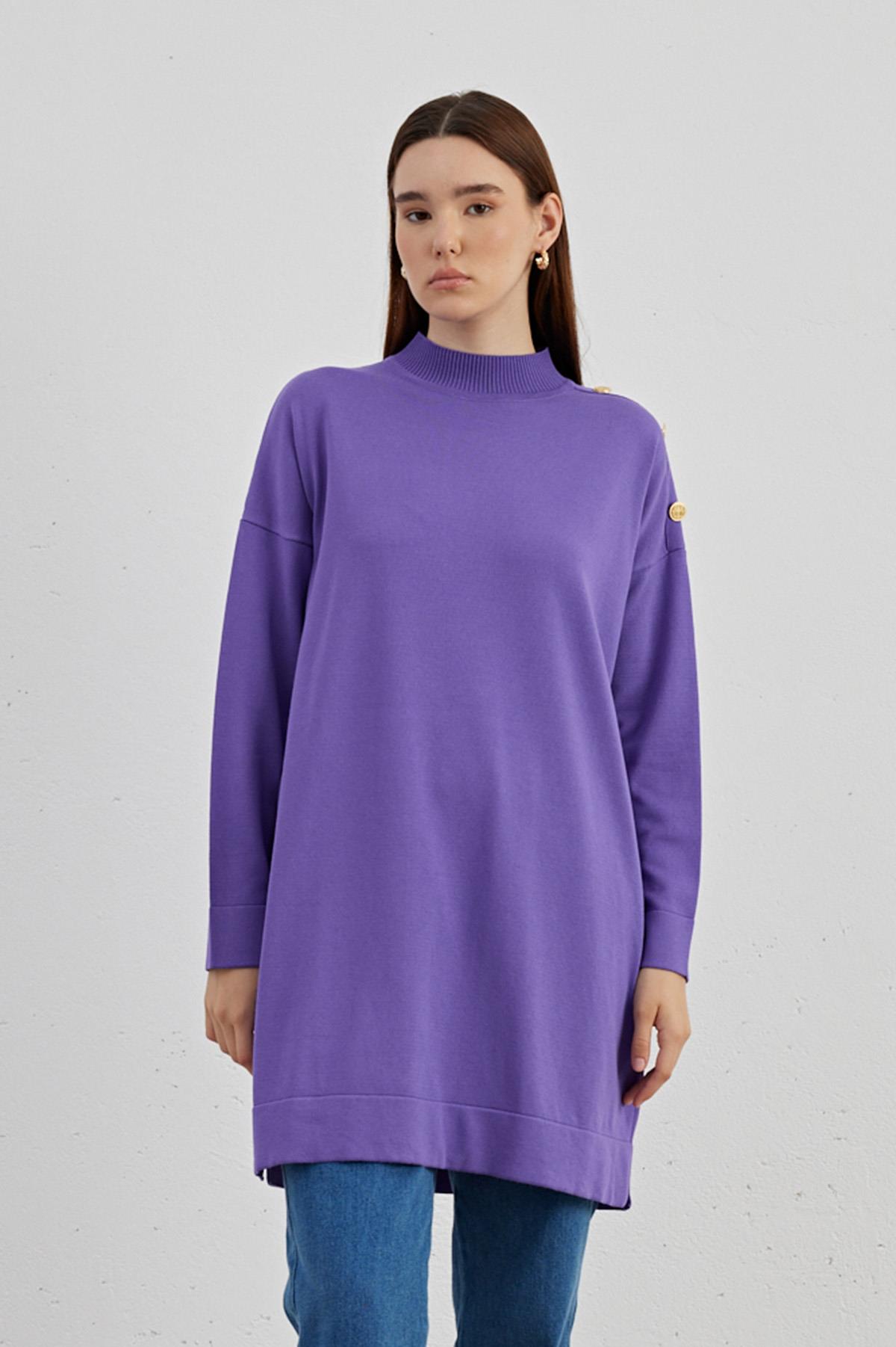 Omzu Düğmeli Triko Tunik 704 Mor