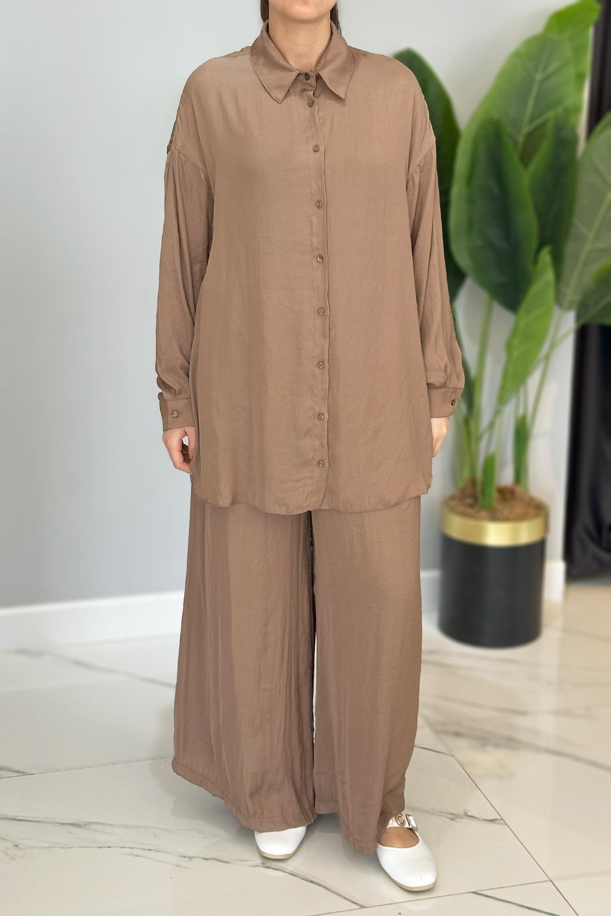 Önden Düğmeli Pantolonlu Tunik Takım 5968 Kahverengi