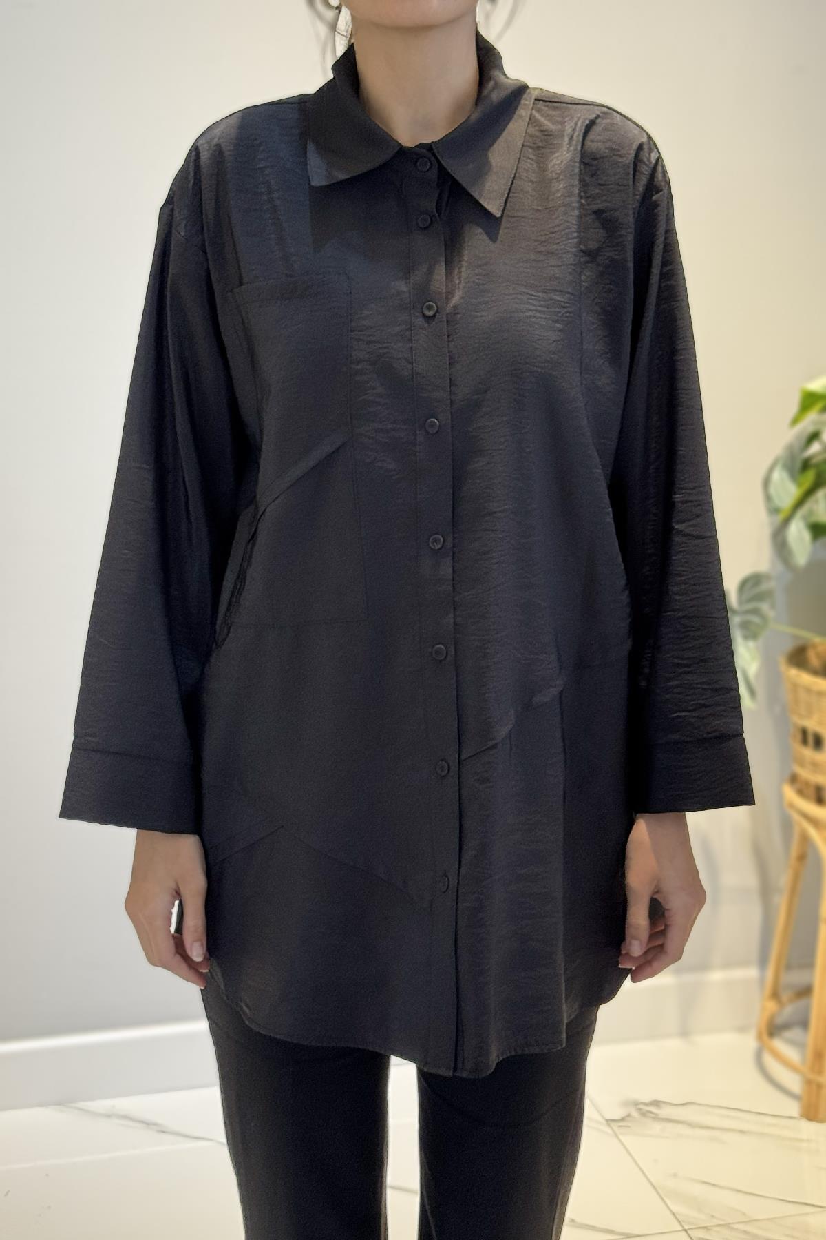 Önden Düğmeli Uzun Cep Detaylı Tunik 6148 Siyah