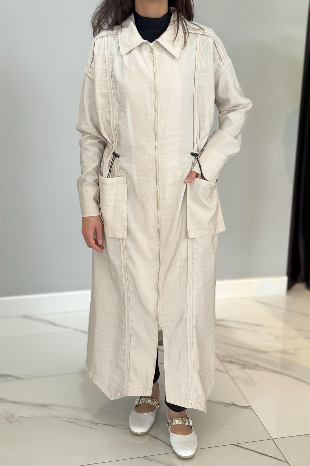 Önden Fermuarlı Bleden Büzgülü Torba Cepli Dubai Ceket 5878 Taş