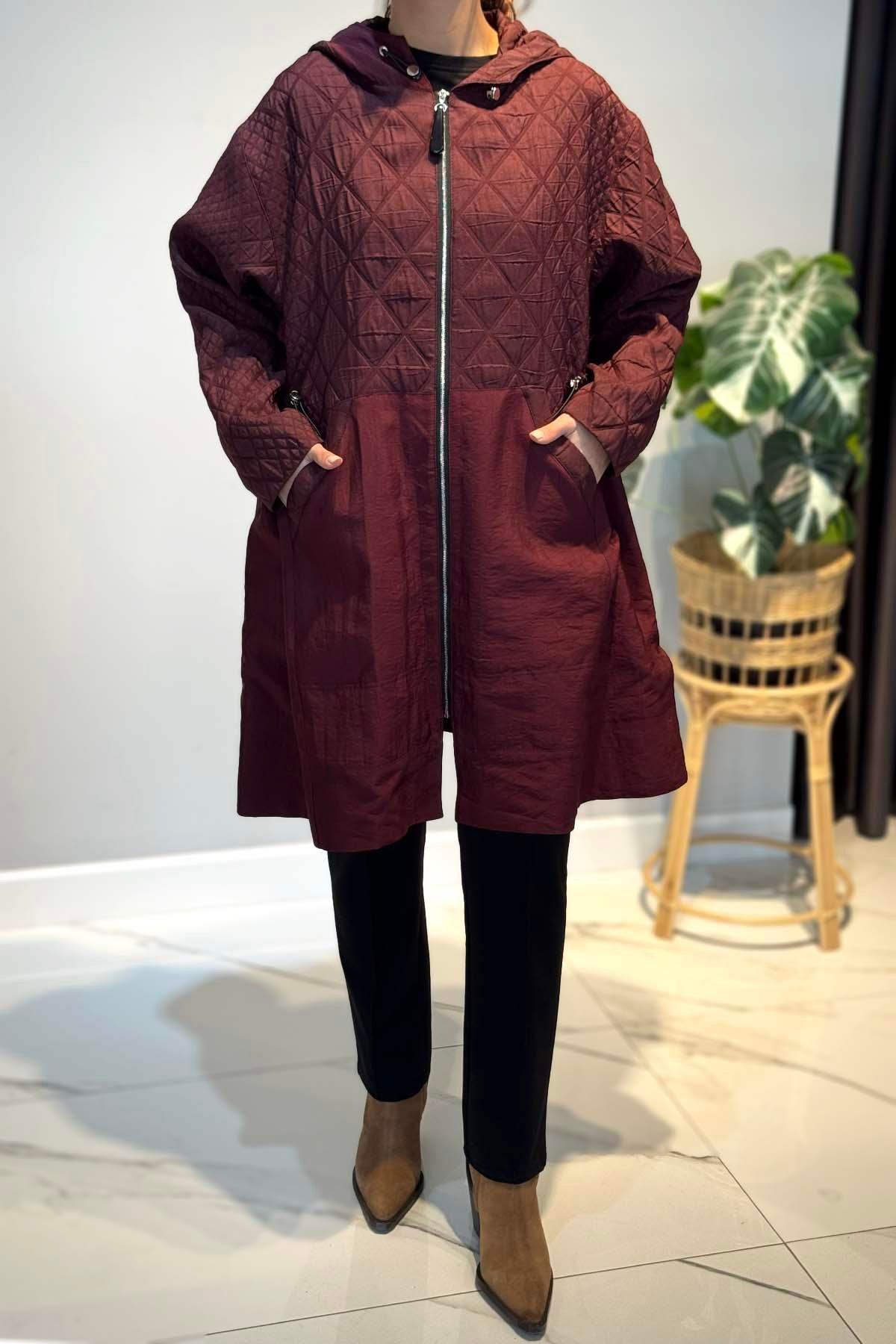 Önden Fermuarlı Yanlardan Cepli Baklava Kapitön Kısa Kap Ceket 6819 Bordo