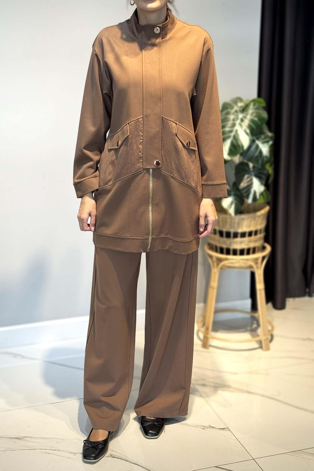 Önden Fermuarlı Yarım Patlı Çelik Takım 6921 Camel