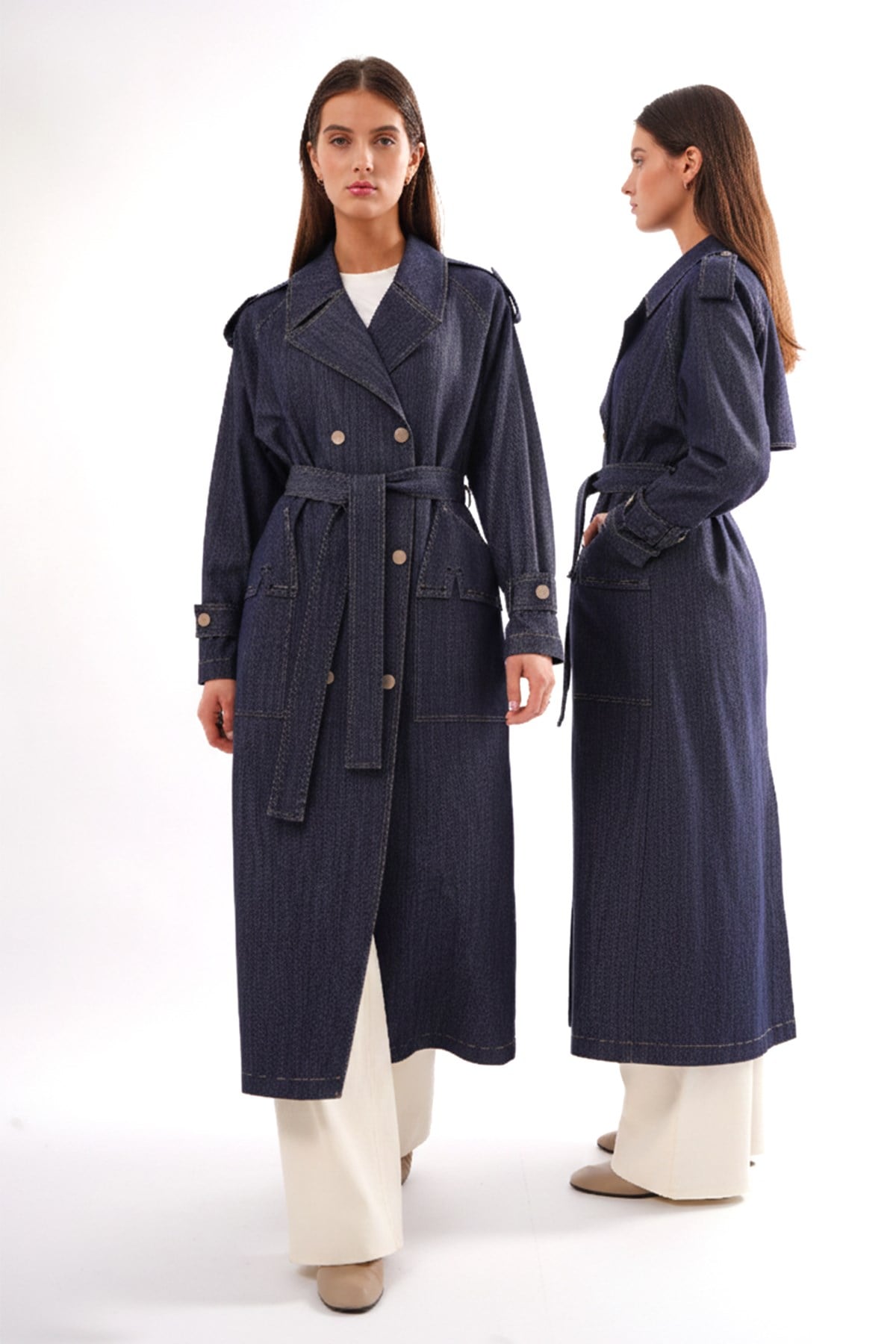 Önden Kruvaze Çıtçıt Detay Denim Kap Ceket Trench 823 Denim
