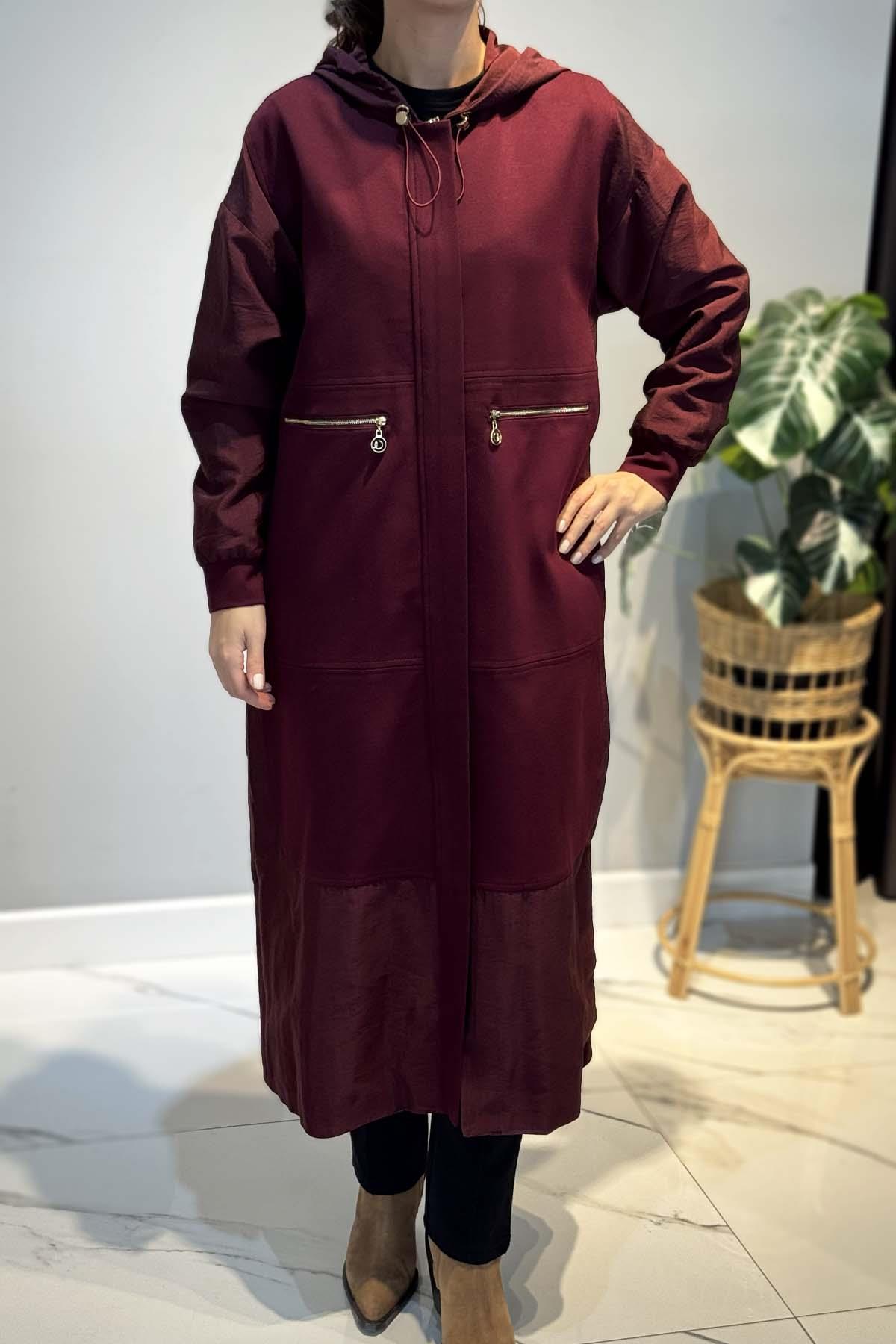 Önden Patlı Cepleri Fermuarlı Kapüşonlu Dubai Garnili Çelik Kap Ceket 6811 Bordo