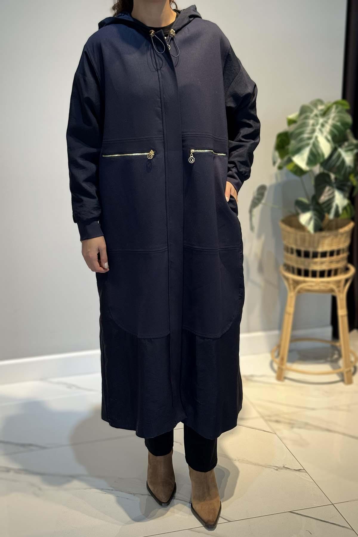 Önden Patlı Cepleri Fermuarlı Kapüşonlu Dubai Garnili Çelik Kap Ceket 6811 Lacivert