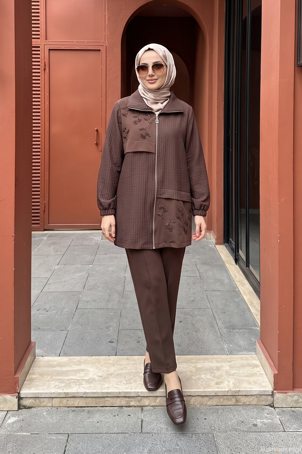 Önü Fermuarlı ve Boncuk Detaylı Pantolonlu Takım 14541 Kahverengi