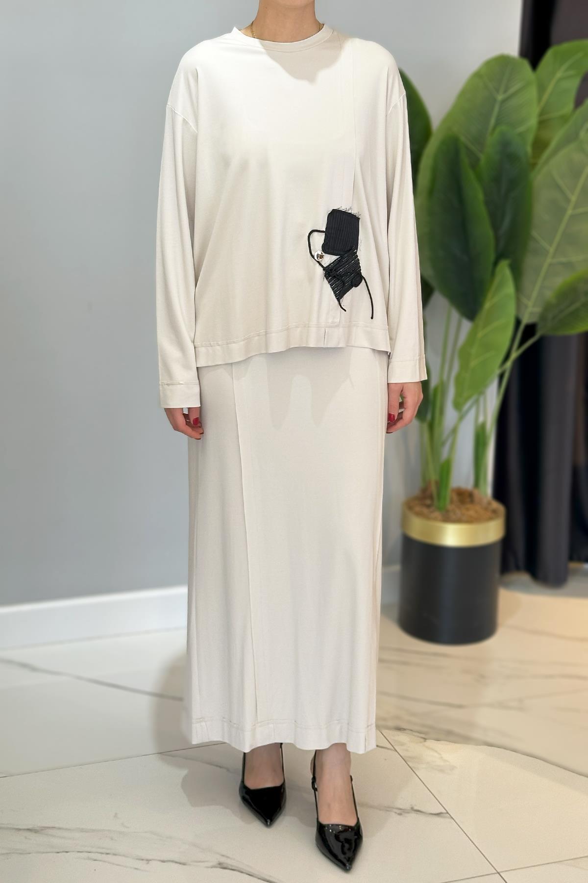 Önü İp ve Yama Detay Kaplamalı Bambu Etekli Takım 5984 Taş