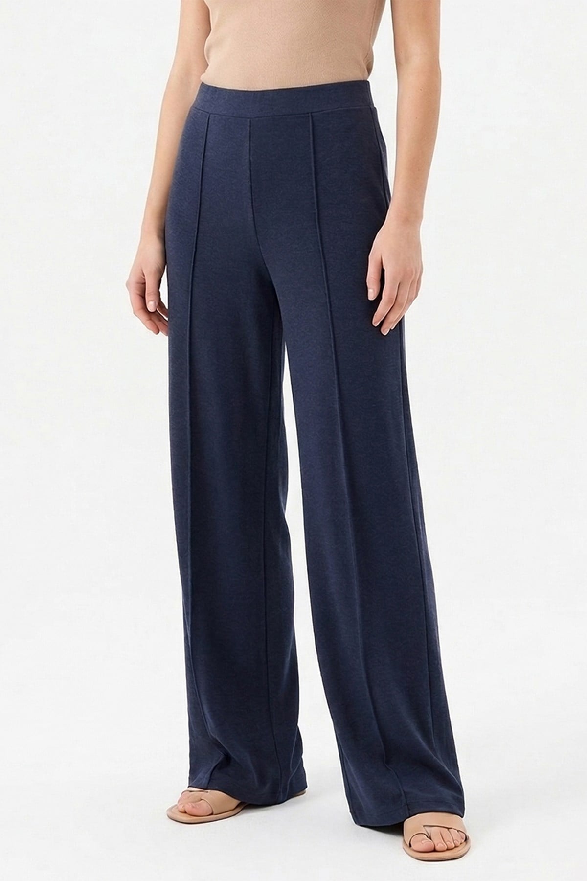 Önü Nervürlü Lyocel Örme Bol Paça Pantolon 343 Lacivert