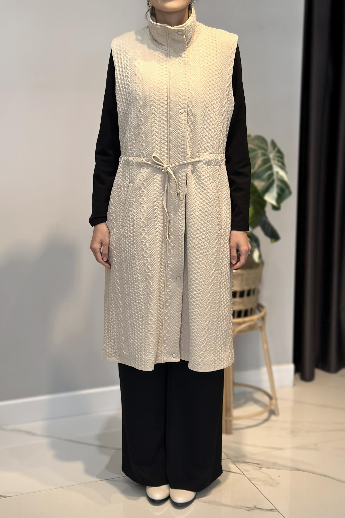 Örme Jakar Detay Yelek 14361 Bej