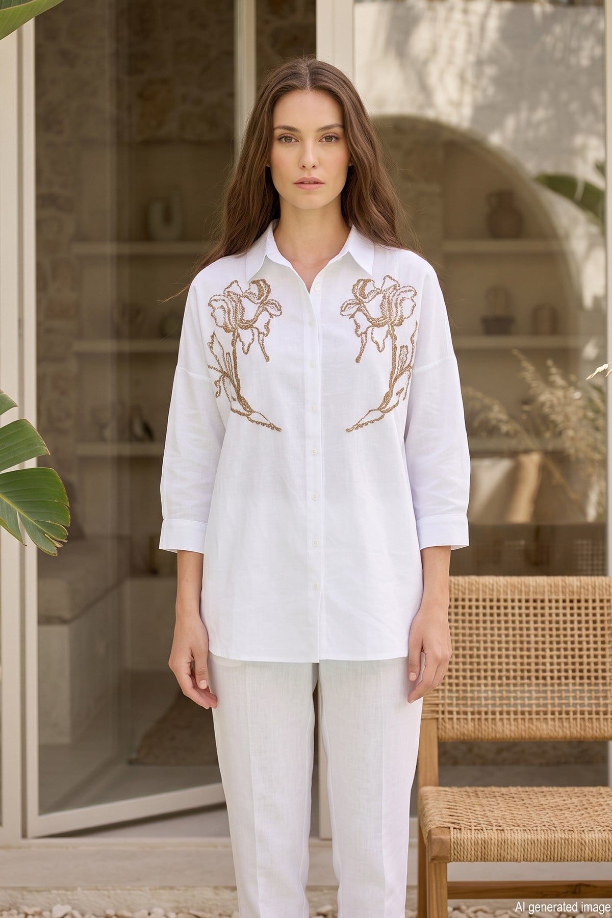 Oversize Nakış ve Pul Detaylı Gömlek 17402 Ekru03