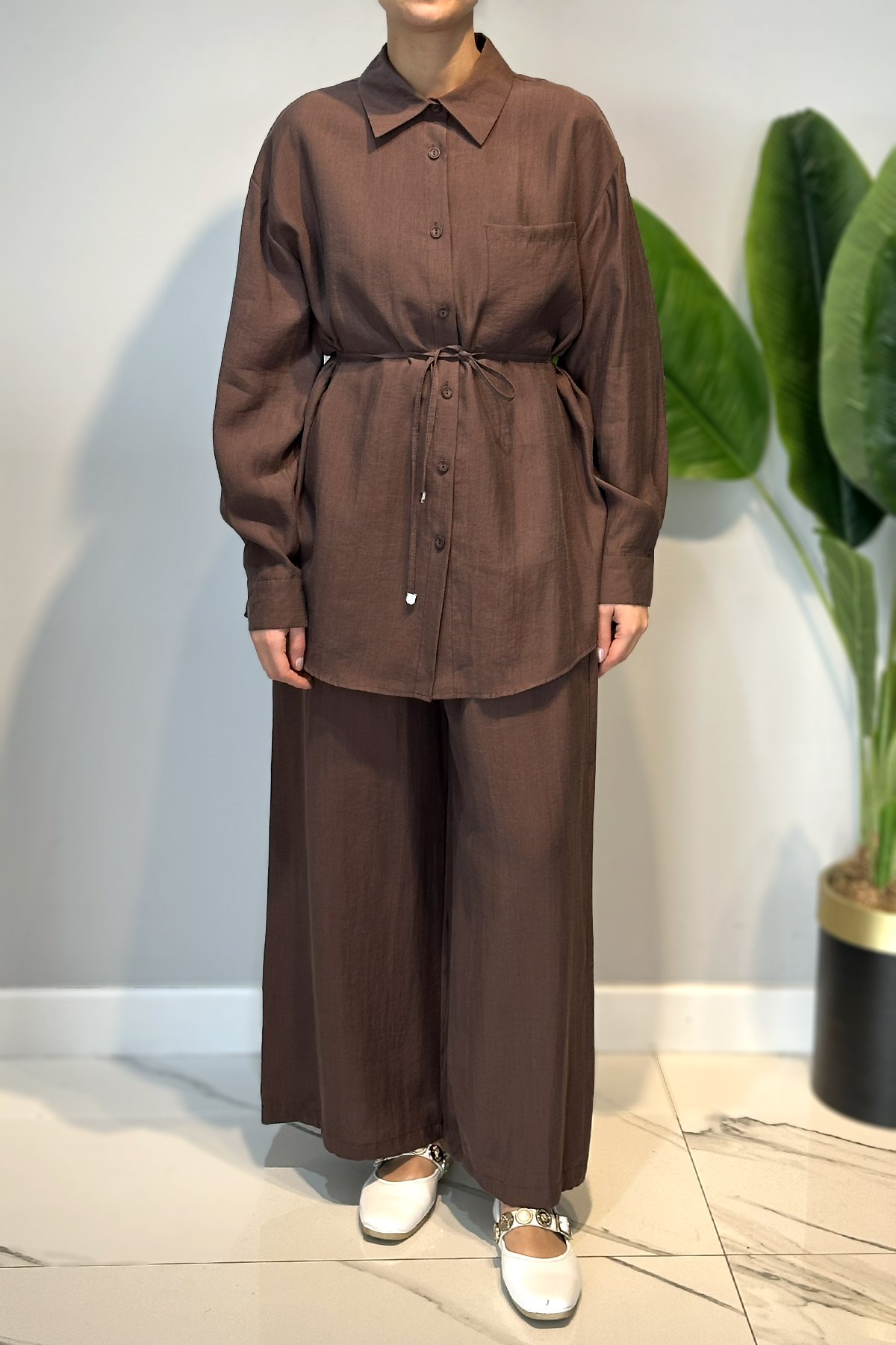 Pamuklu Basic Gömlek Pantolon Takım 7370 Kahve