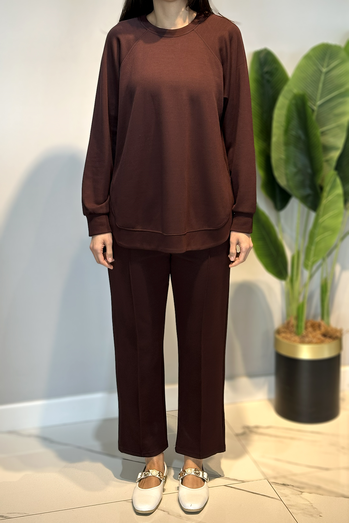 Pamuklu Tunik Havuç Pantolon Takım 01 Kahve