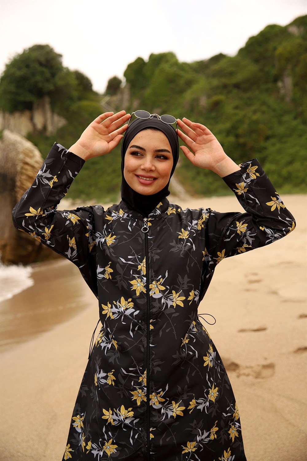 Paraşüt Fermuarlı Tam Kapalı Tesettür Mayo Sarı Çiçek