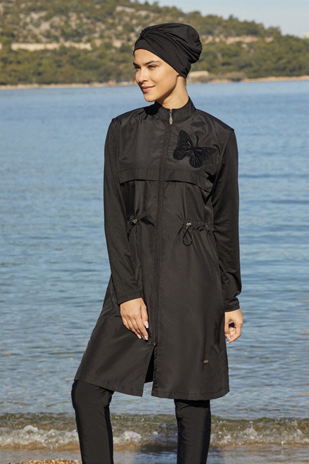 Paraşüt Tam Kapalı Tesettür Mayo Kelebek Nakışlı 1261 Siyah