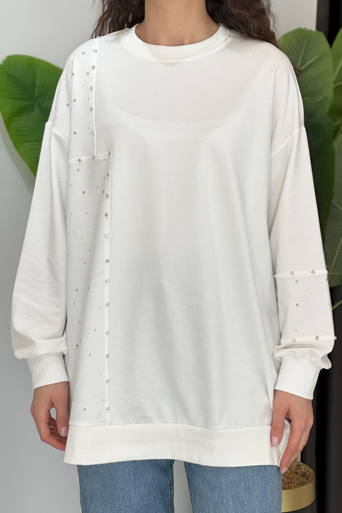 Parçalı Taşlı Sweat Tunik 34850 Ekru