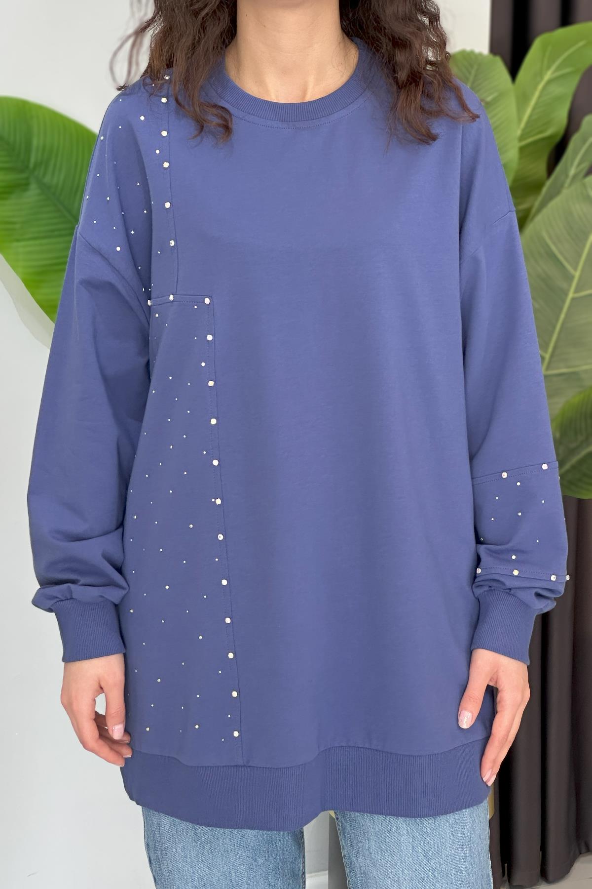 Parçalı Taşlı Sweat Tunik 34850 İndigo