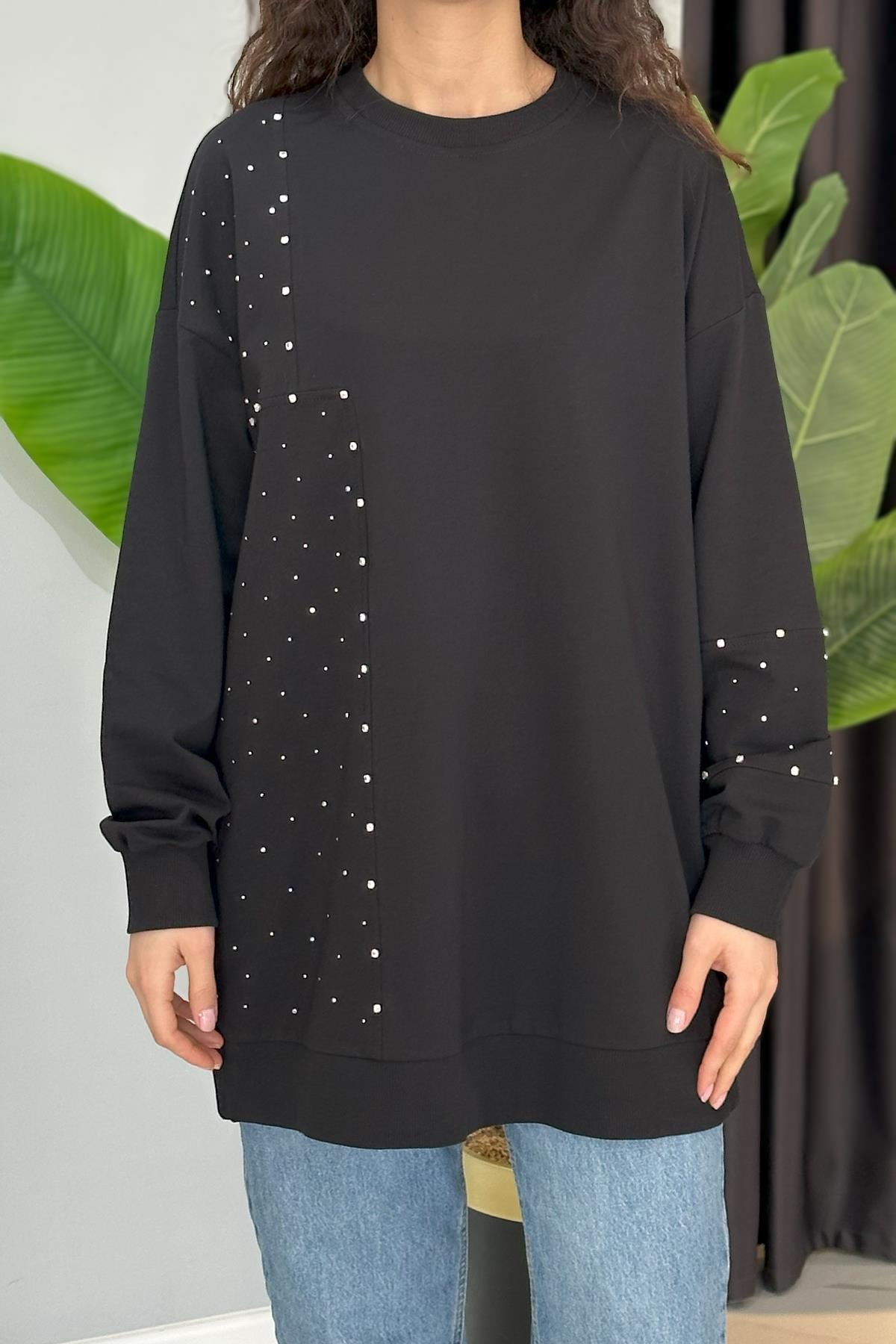Parçalı Taşlı Sweat Tunik 34850 Siyah