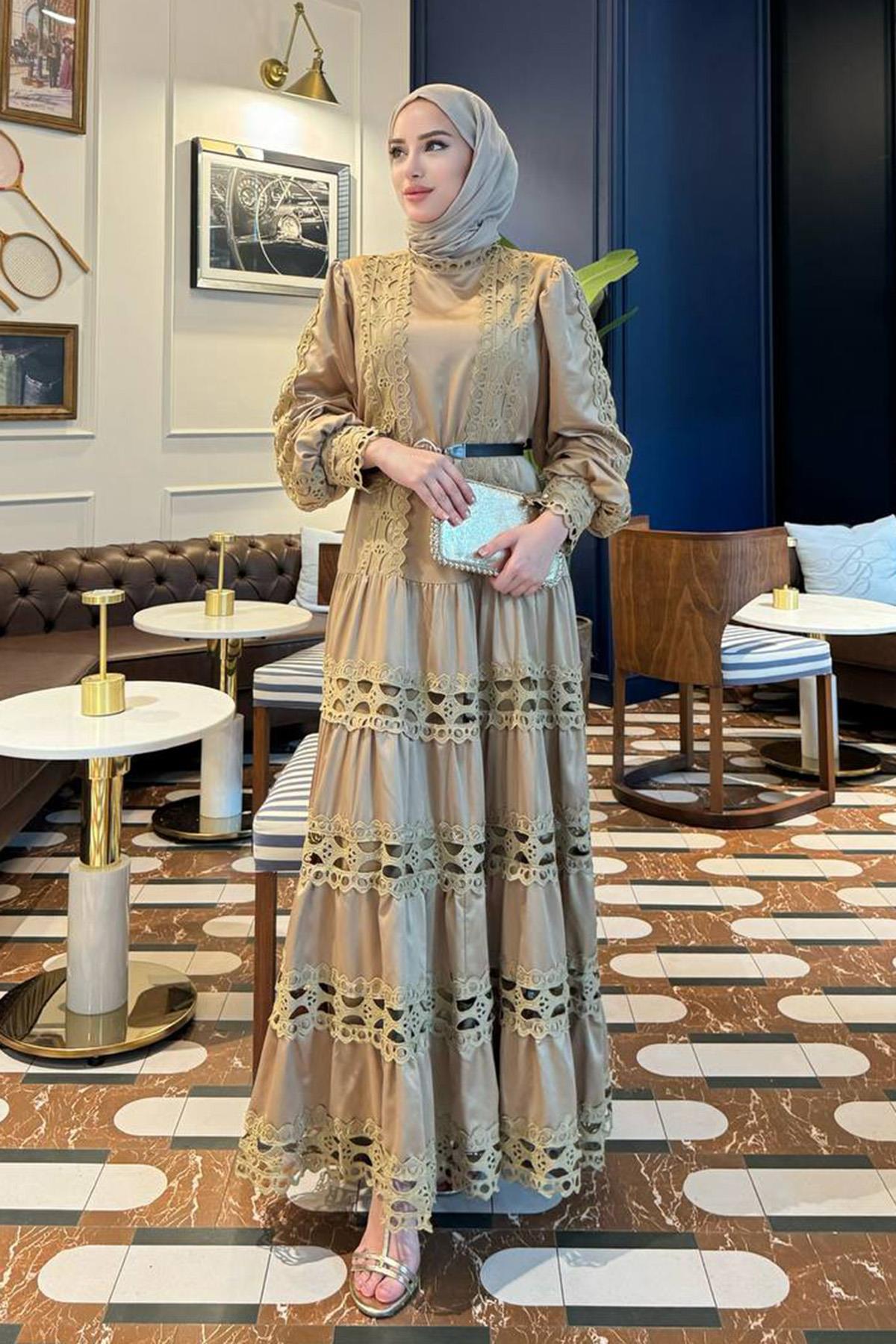 Parlak Güpürlü Elbise 8232 Camel