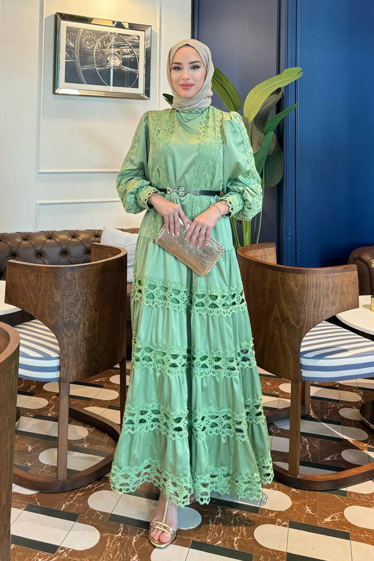 Parlak Güpürlü Elbise 8232 Mint