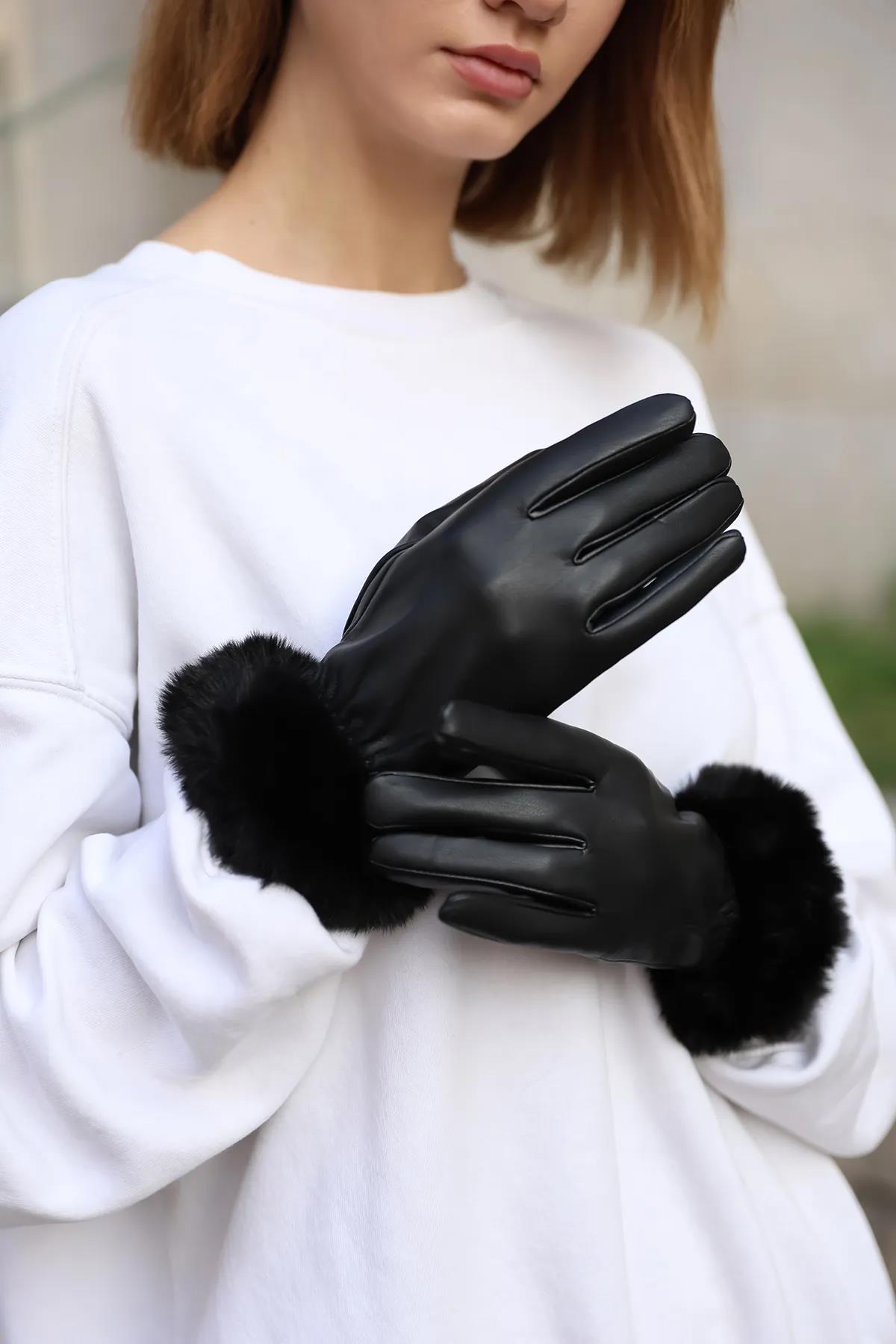 Peluş Detay Kadın Deri Eldiven ELD-20 Siyah