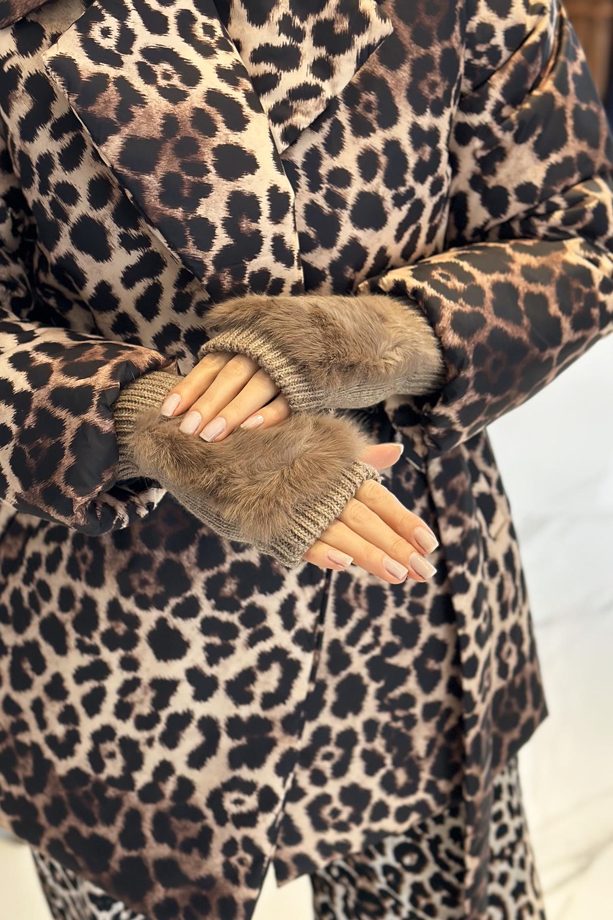 Peluş Detay Kadın Örme Kesik Eldiven ELD-30 Vizon
