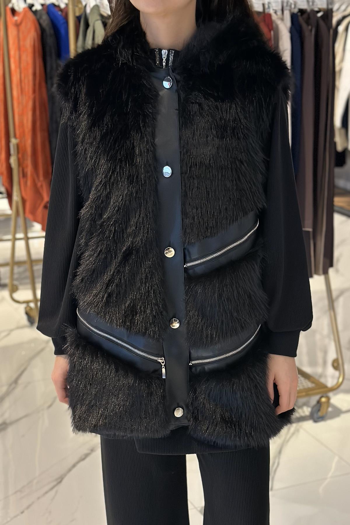 Peluş Detay Yelek 10606 Siyah