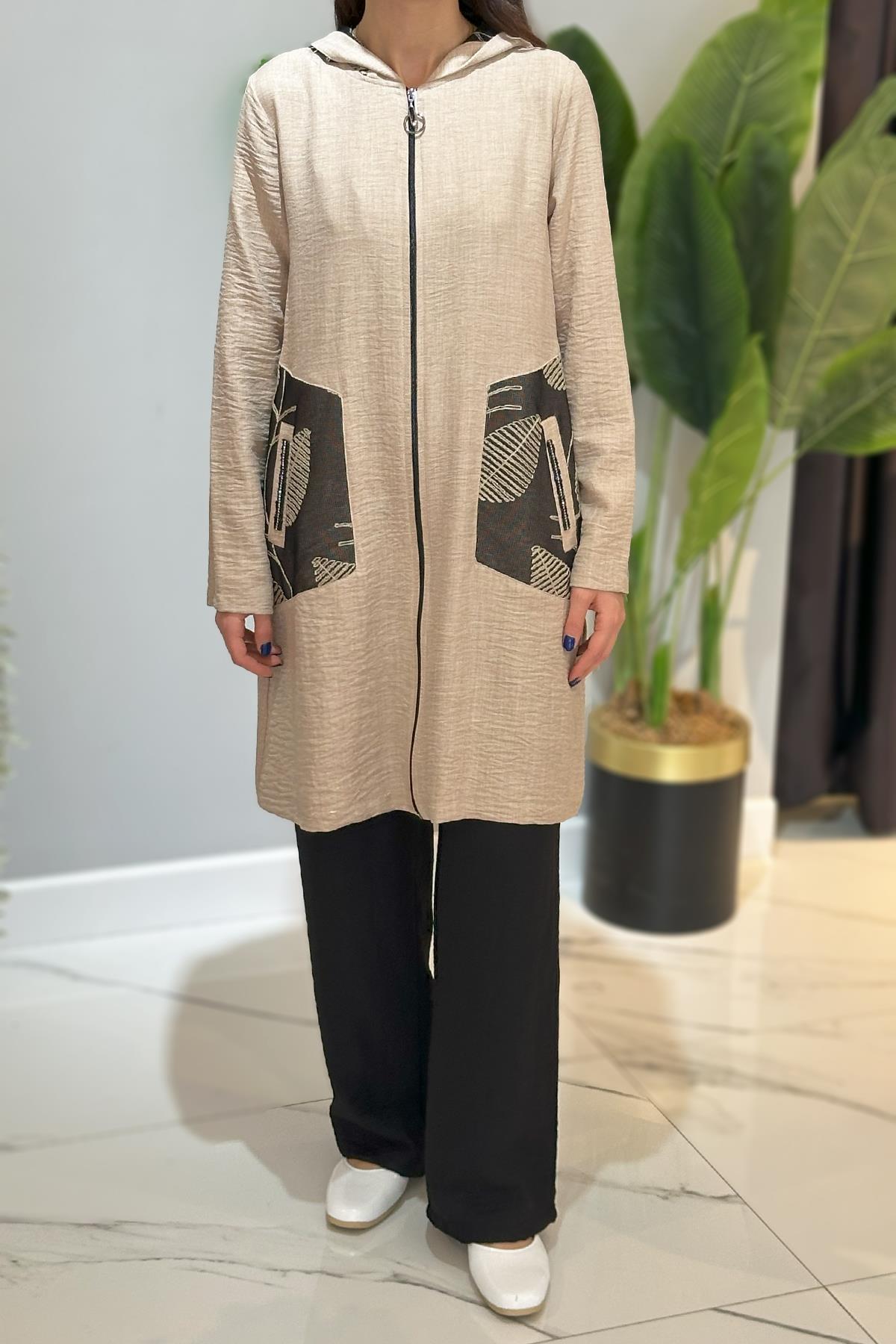 Pileli Kapüşonlu Pantolonlu Takım 18748 Bej 