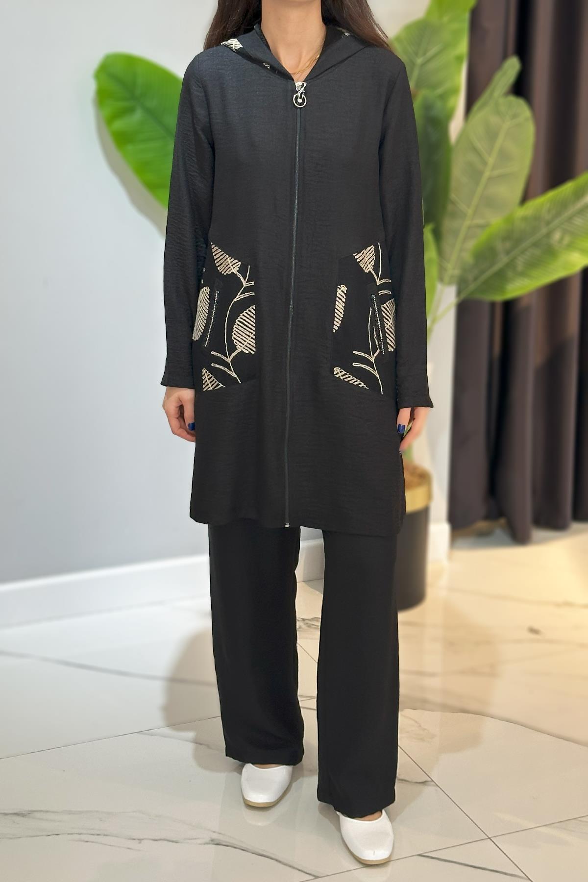 Pileli Kapüşonlu Pantolonlu Takım 18748 Siyah