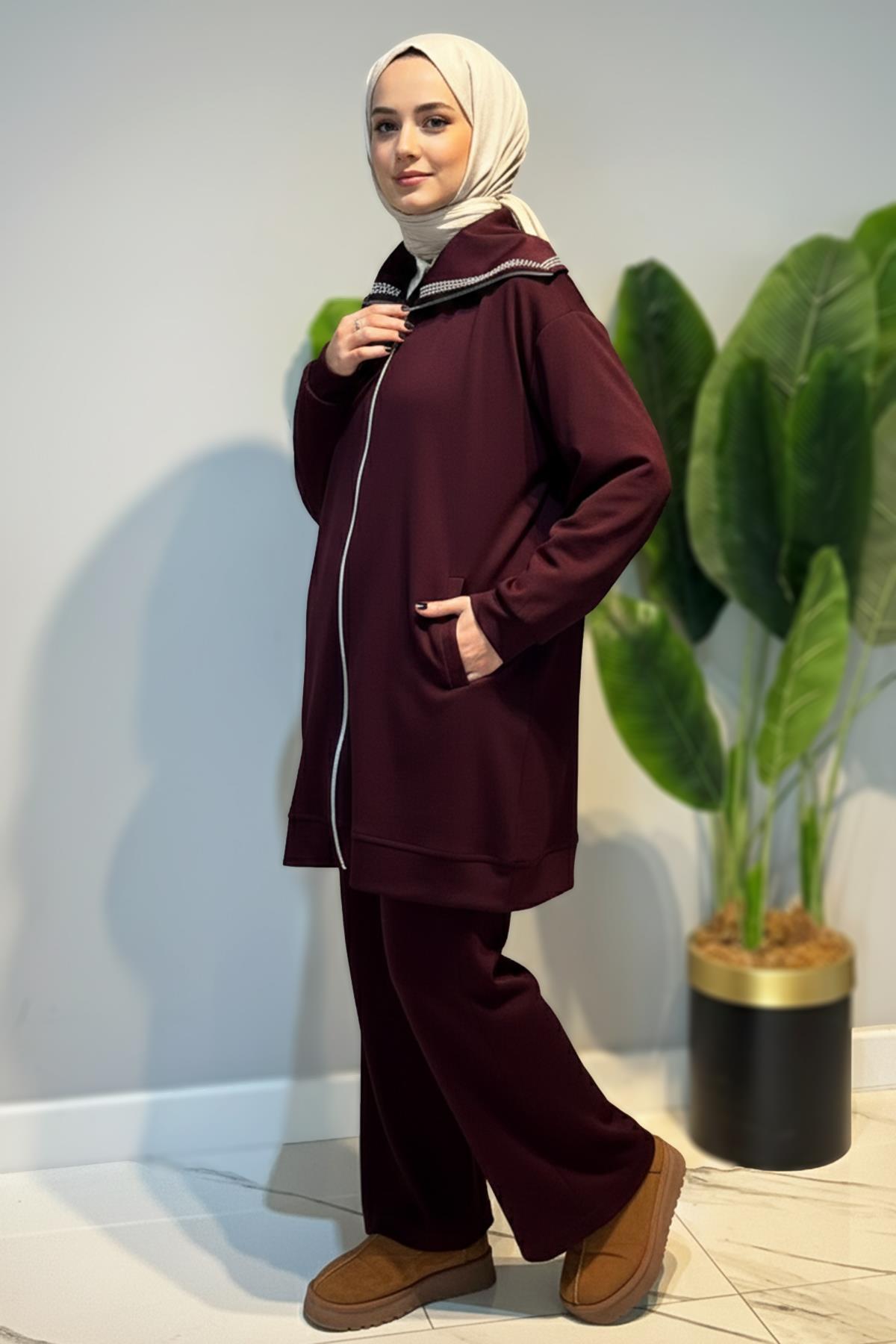 Pul Detay Önü Fermuarlı Tunik Pantolon Takım 2120 Bordo